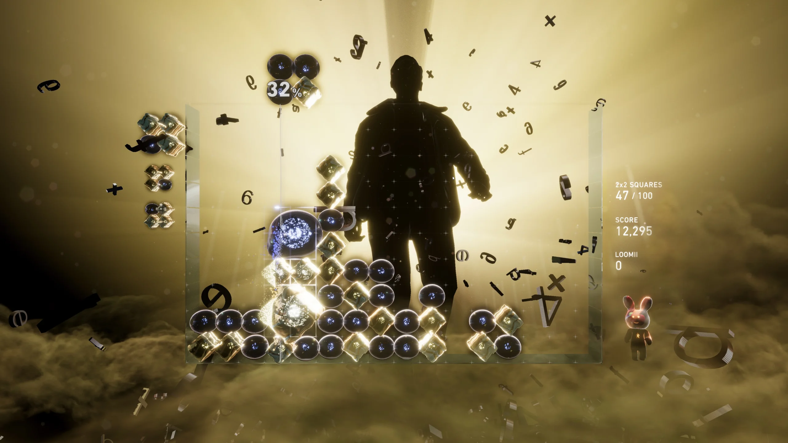 Silhouette of a player in Lumines Arise, with vibrant blocks and numbers exploding in a stylized gameplay scene.