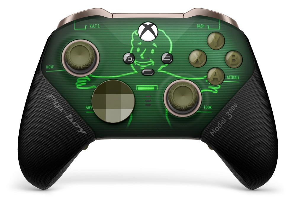 Fallout Pip-Boy themed Xbox Wireless Controller with a green hue, unique HUD icons, and a custom metallic D-Pad.