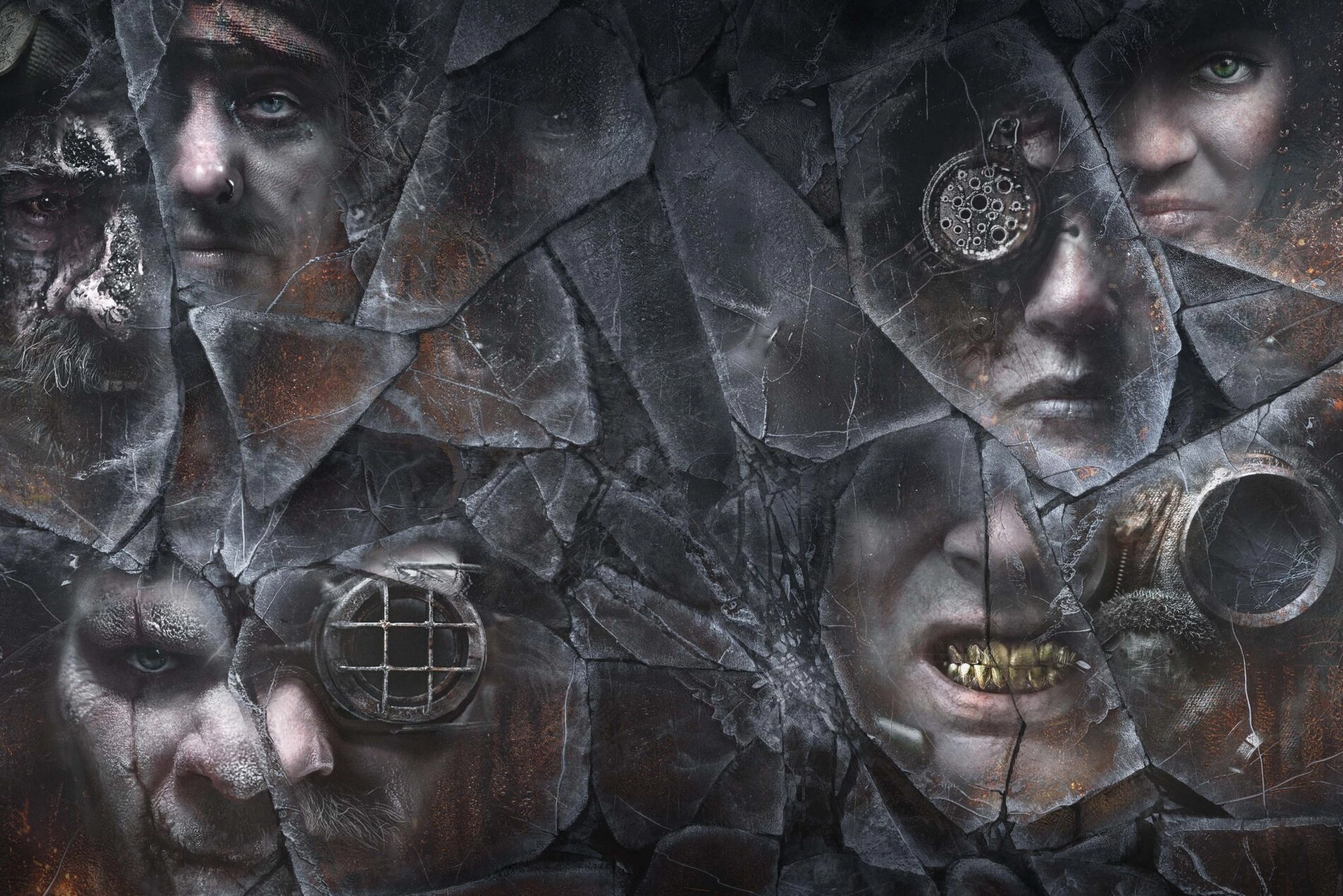 Collage of fractured faces symbolizing diverse perspectives on utopia and dystopia in Frostpunk 2’s Fractured Utopias.