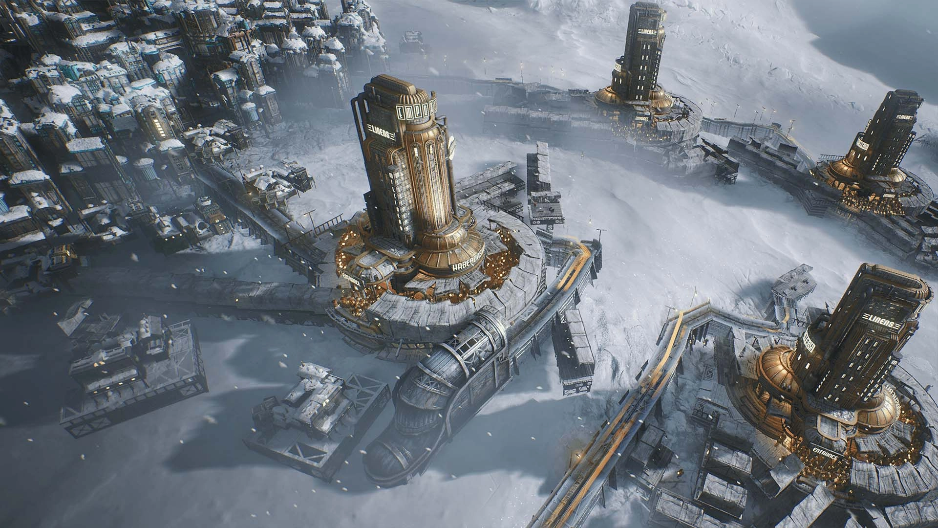 Frostpunk 2 showcases a snowy cityscape with futuristic buildings, symbolizing the balance between hope and dystopia.