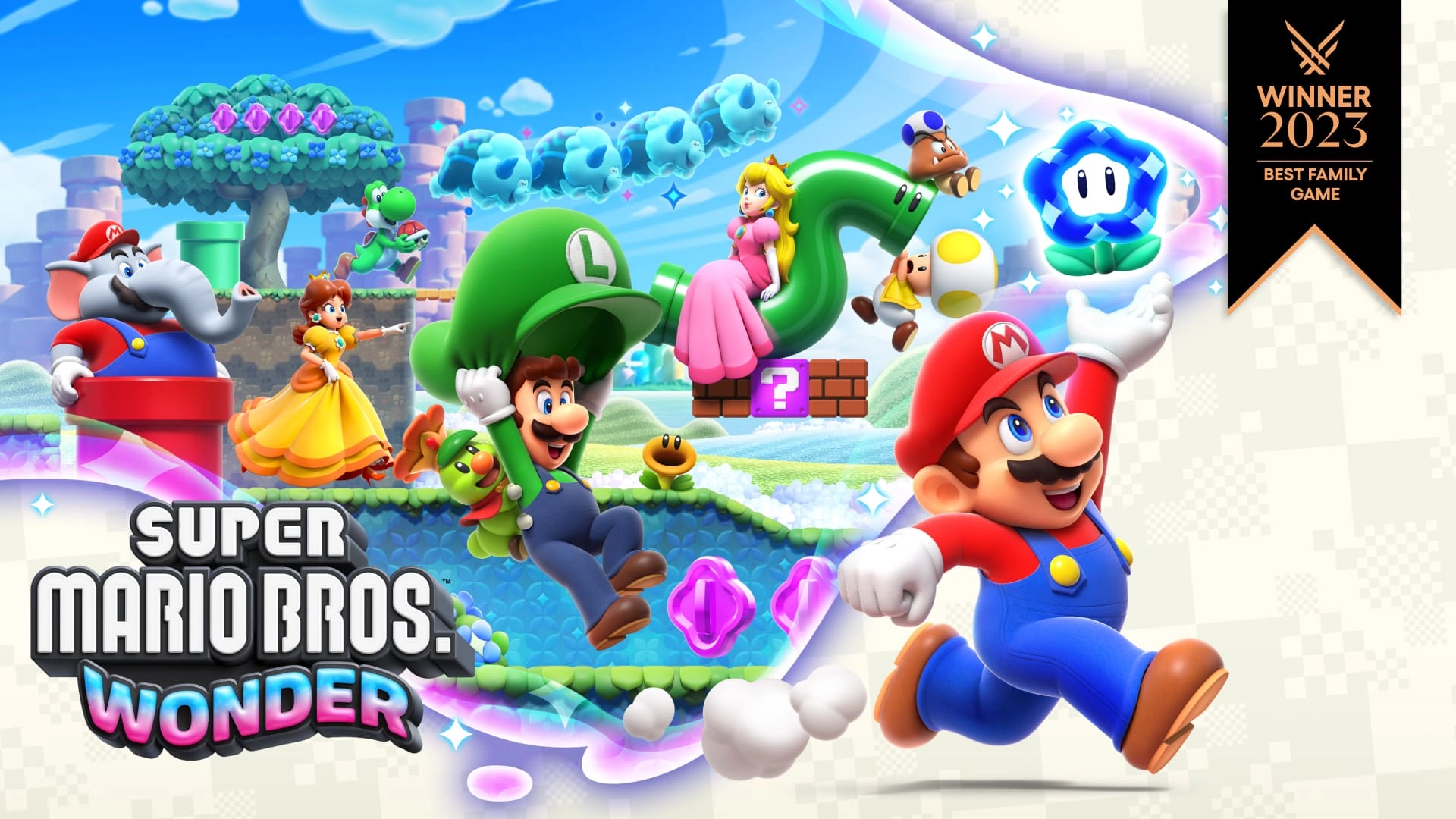 Action-packed scene of Mario, Luigi, and friends in Super Mario Bros. Wonder, showcasing fun adventures on Nintendo Switch.