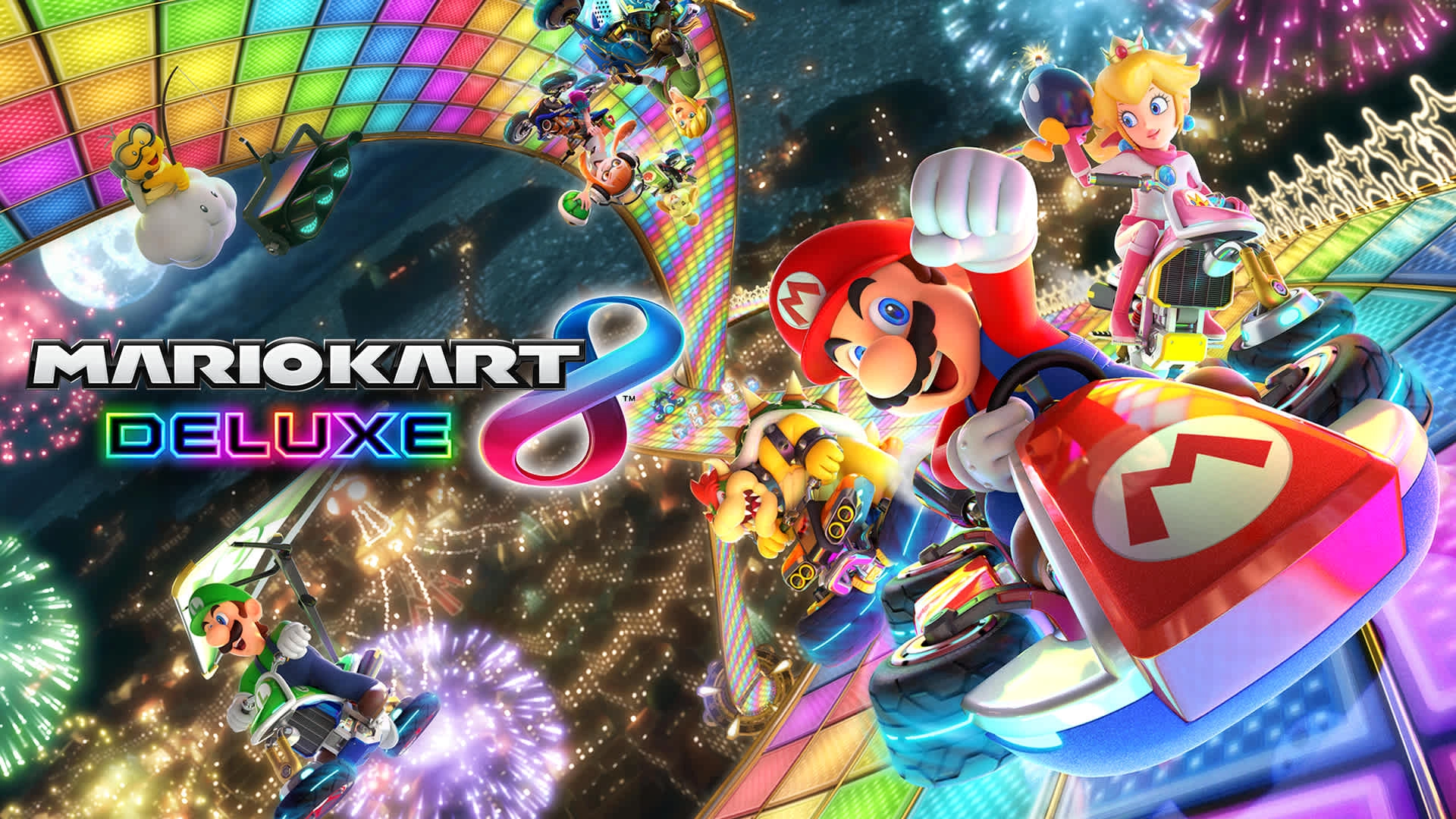 Mario and friends race through a vibrant track in Mario Kart 8 Deluxe for Nintendo Switch, showcasing exciting gameplay.