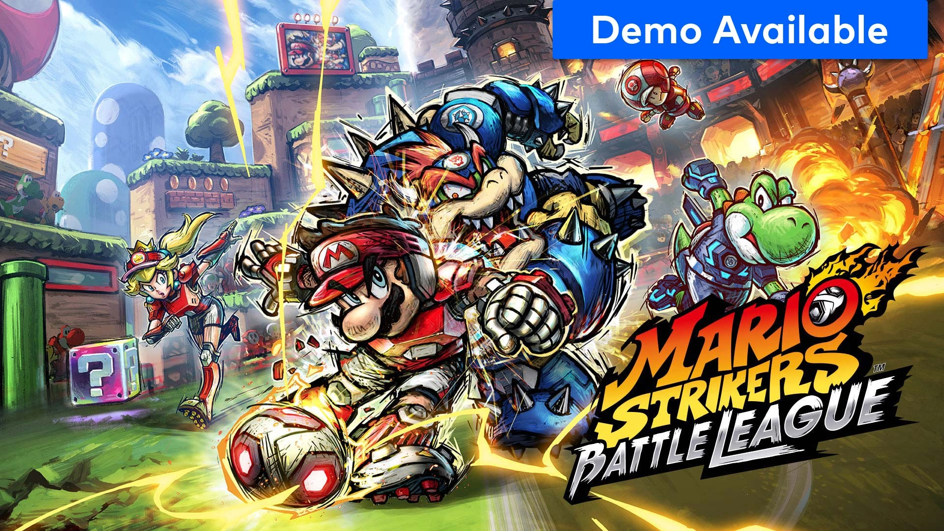 Mario Strikers: Battle League features Mario and friends in action-packed soccer gameplay on Nintendo Switch. Demo available!
