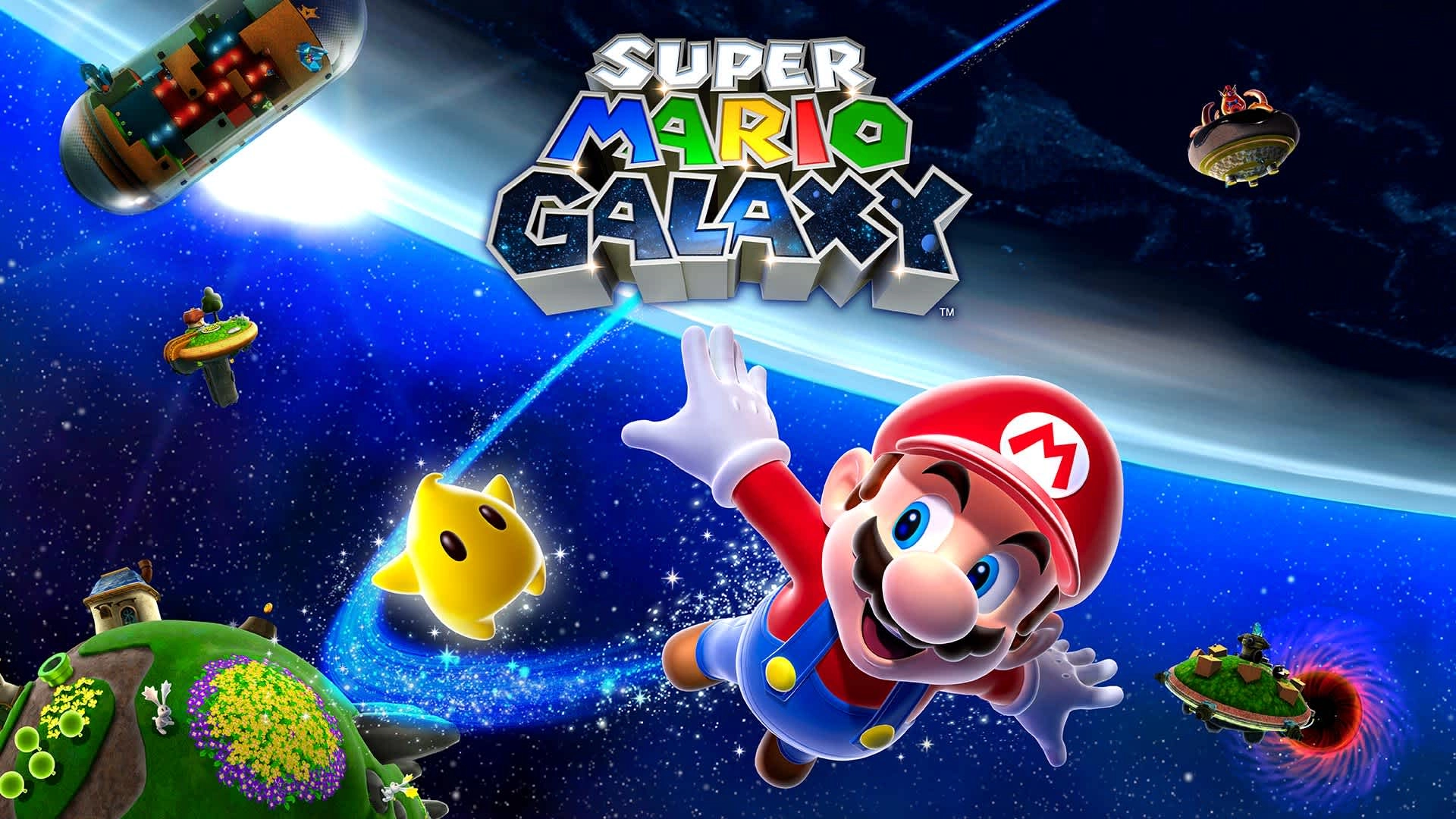 Colorful Super Mario Galaxy scene featuring Mario and a Luma, showcasing a whimsical universe of adventure.