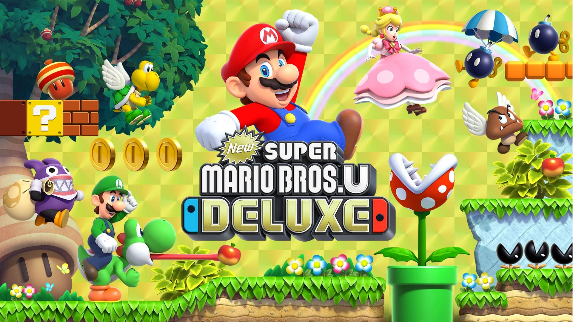 Colorful scene featuring Mario and friends from Nintendo