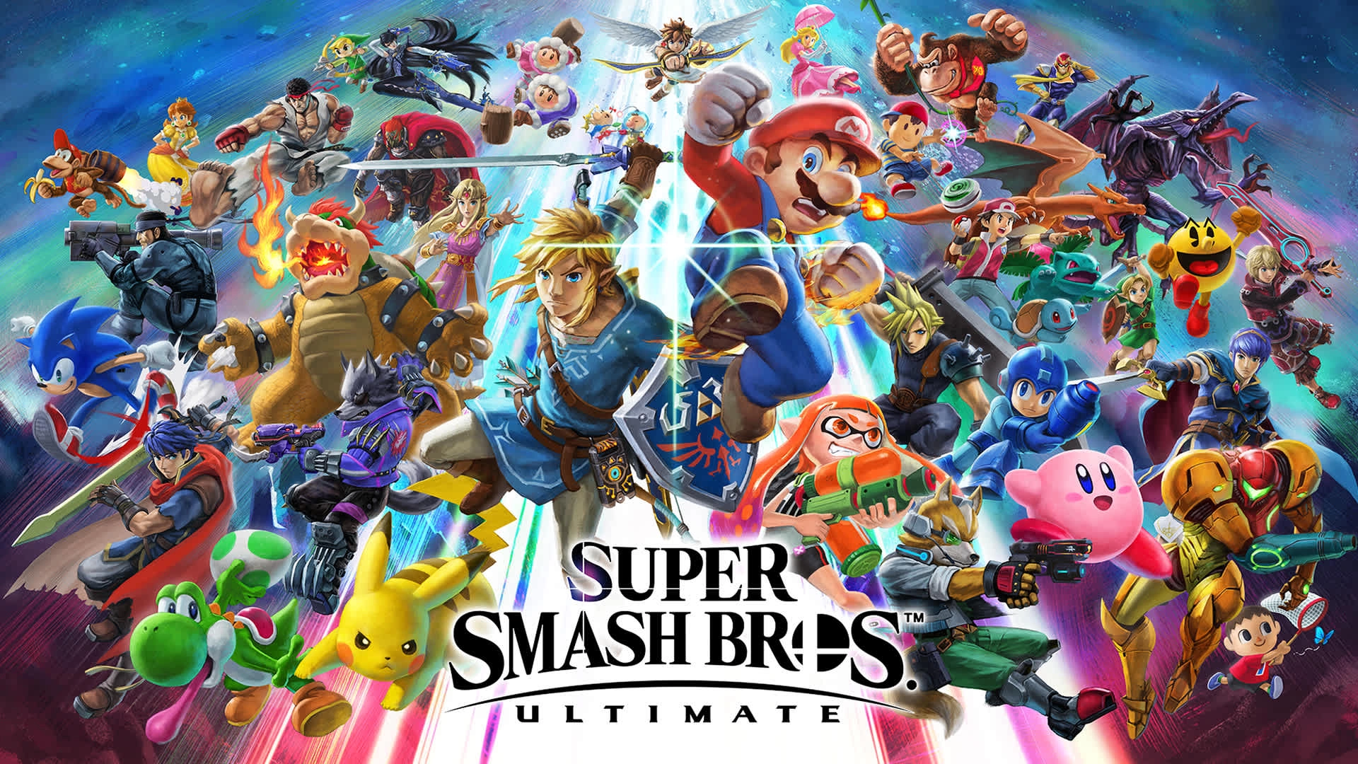 Colorful characters unite in epic action in Super Smash Bros.™ Ultimate for Nintendo Switch, showcasing Mario