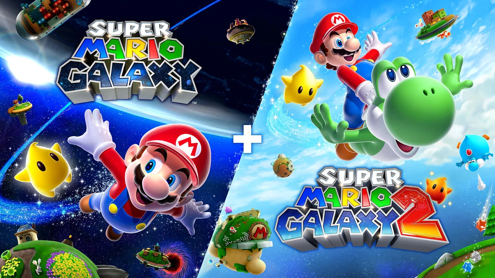 Super Mario Galaxy and Super Mario Galaxy 2 promotional artwork featuring Mario, Yoshi, and celestial elements.