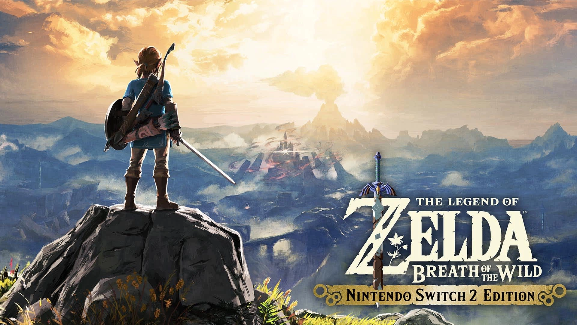 Link from The Legend of Zelda: Breath of the Wild gazes over a vast landscape, promoting Nintendo Switch 2 gaming.
