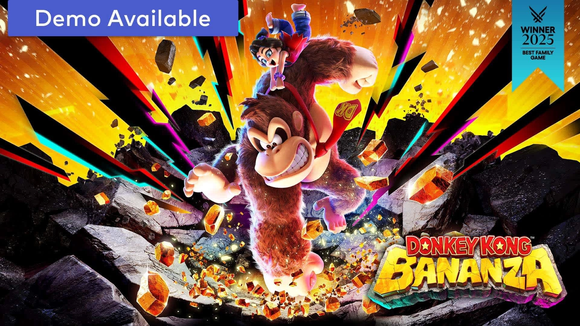 Exciting game release for Nintendo Switch 2: Donkey Kong Bananaza, winner of Best Family Game 2023, demo available.