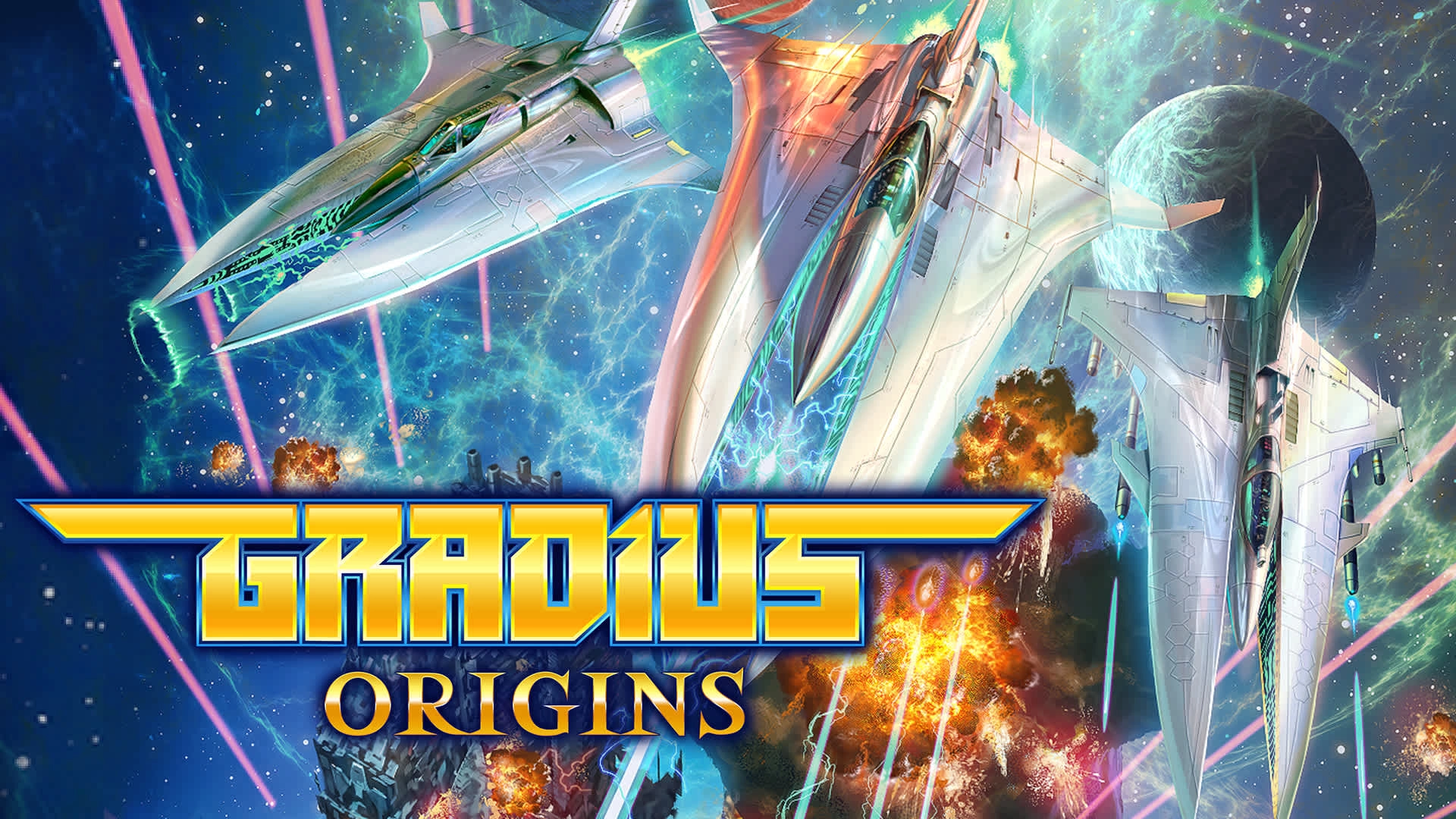 Gradius Origins gameplay art featuring iconic spaceships in vibrant cosmic battle, celebrating 2025 Nintendo Switch releases.