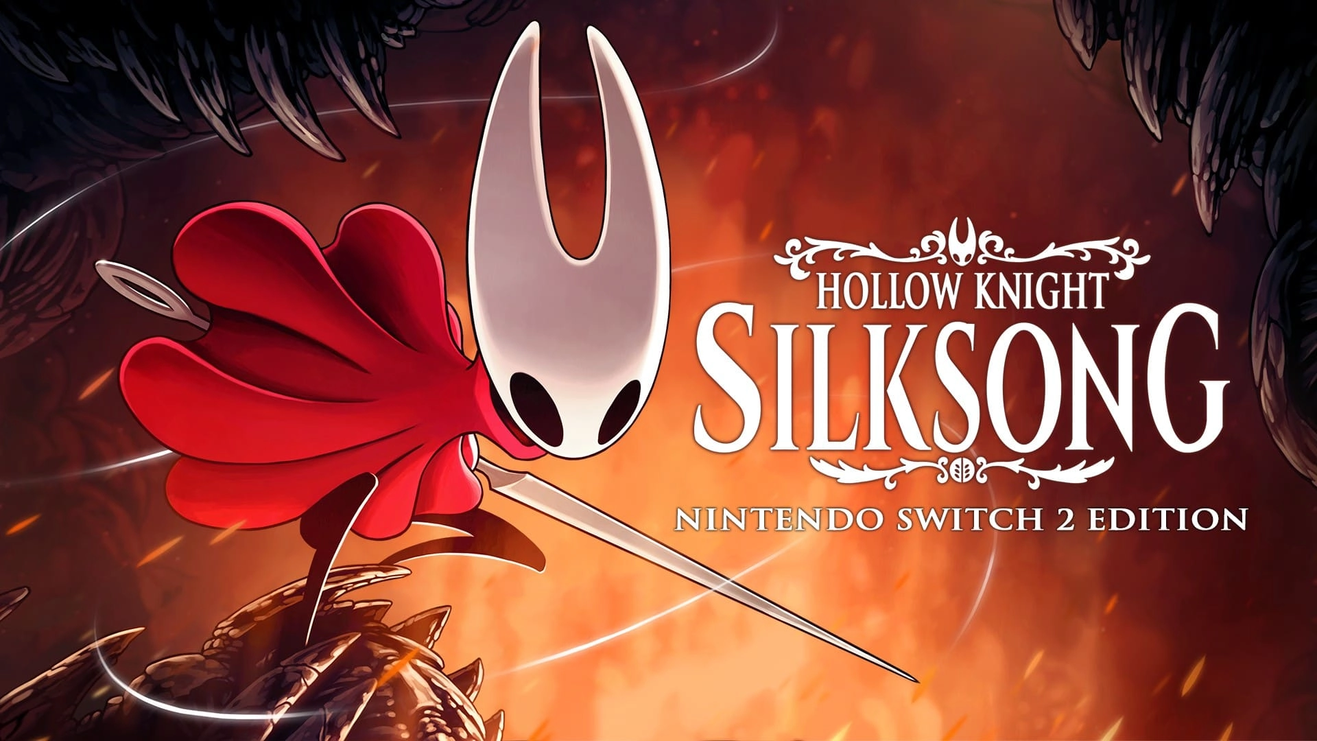 Hollow Knight: Silksong game cover for Nintendo Switch 2, showcasing the character against a dramatic background.