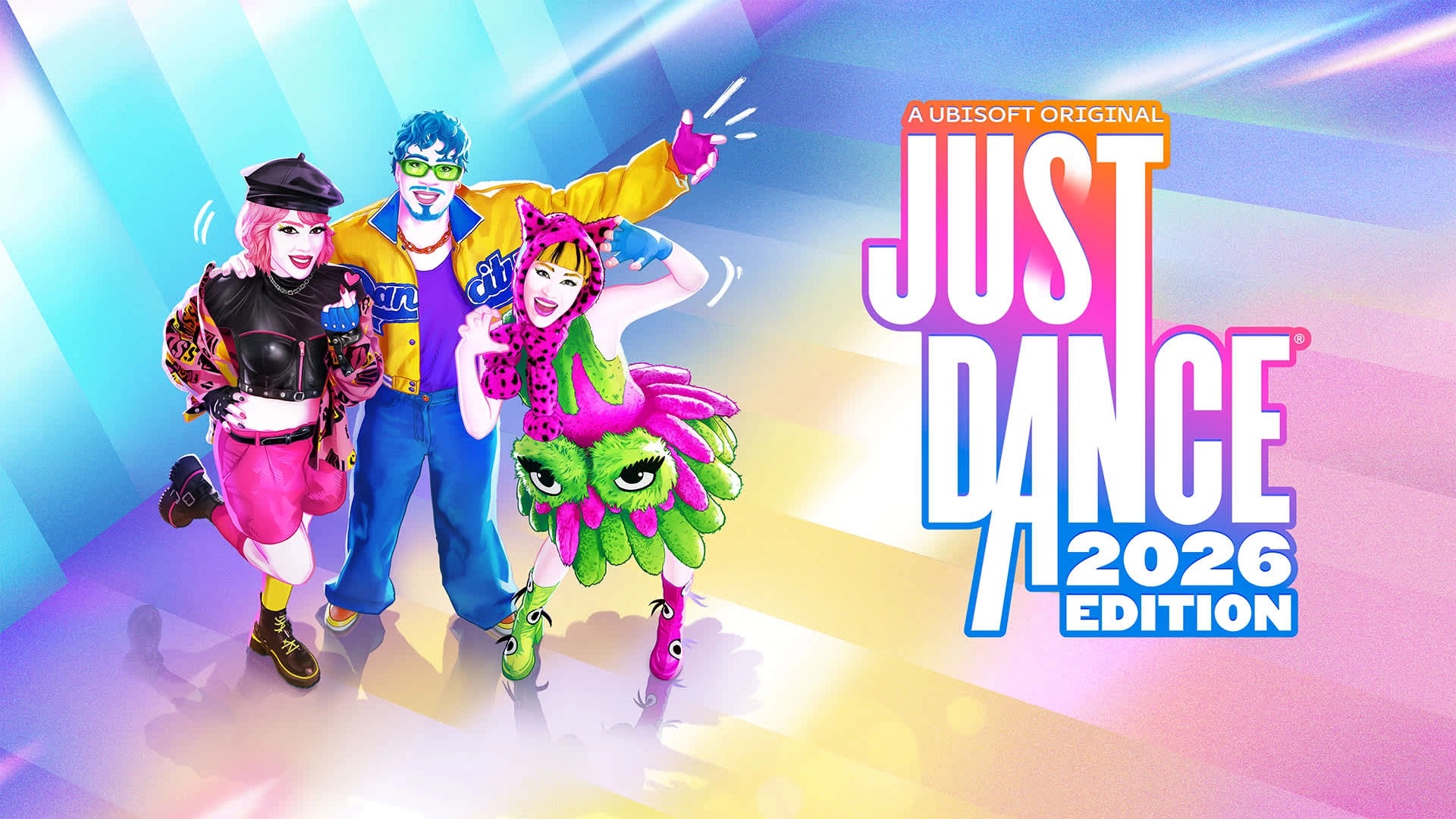 Three colorful characters dance together in a vibrant setting, promoting Just Dance 2026 Edition for Nintendo Switch 2.