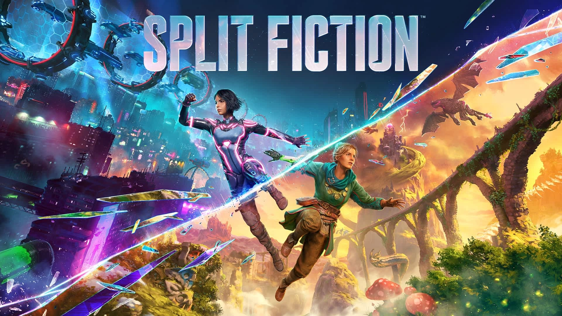 Split Fiction game cover featuring dynamic characters in vibrant worlds, highlighting action from Nintendo Switch 2.