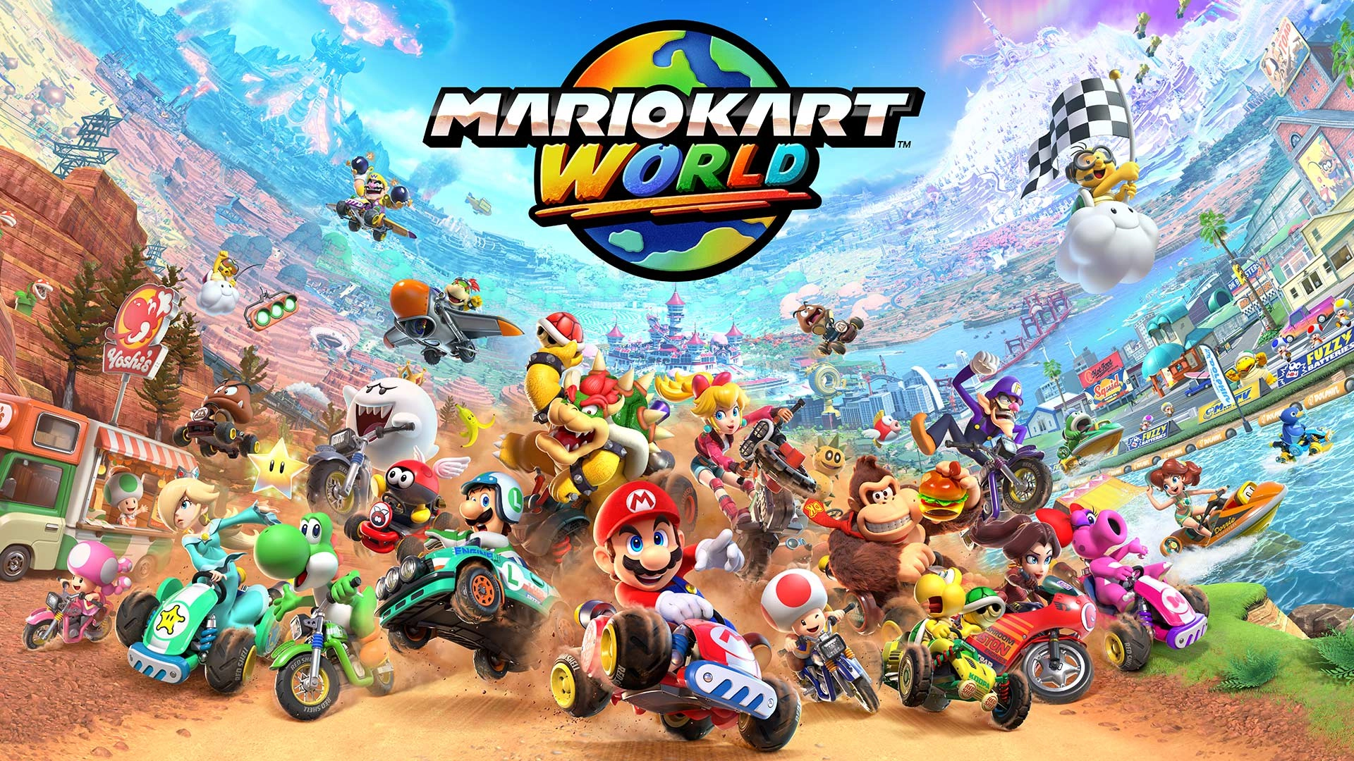 Exciting collage of characters and vehicles from Mario Kart™ World, celebrating its Best Sports/Racing Game win at The Gam...