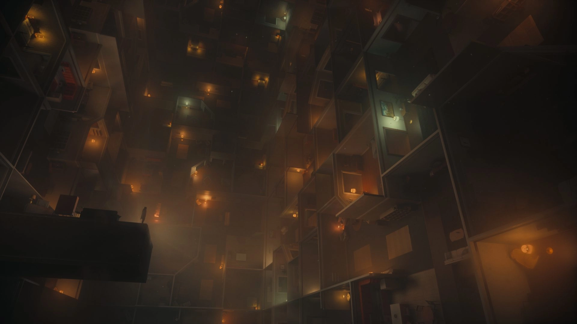 Aerial view of a mysterious, dimly lit environment reflecting chaos and surrealism, evoking themes from Control Resonant.