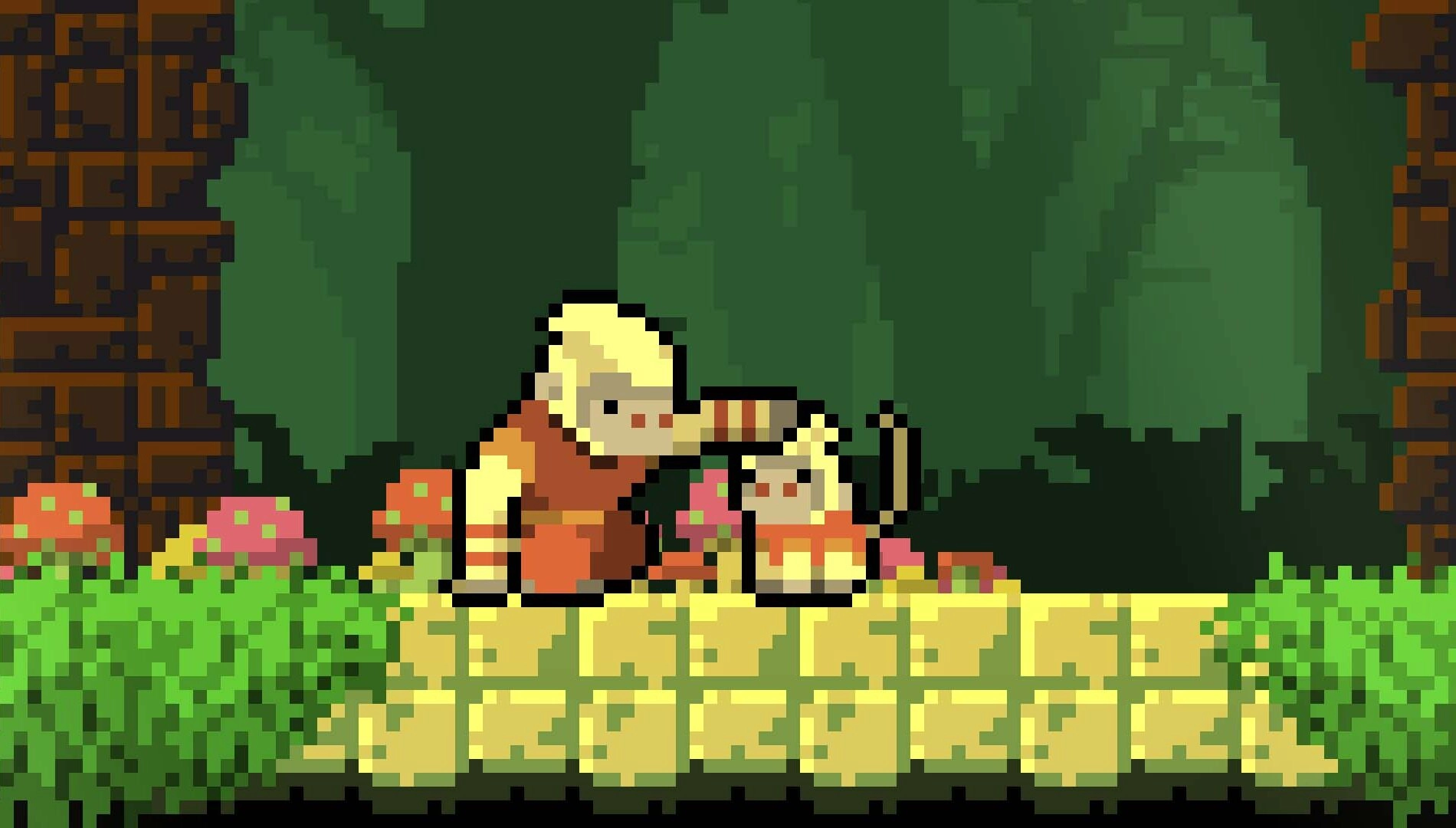 Pixel-art scene from Dunjungle, a 2D action roguelite featuring a monkey in a vibrant jungle environment.