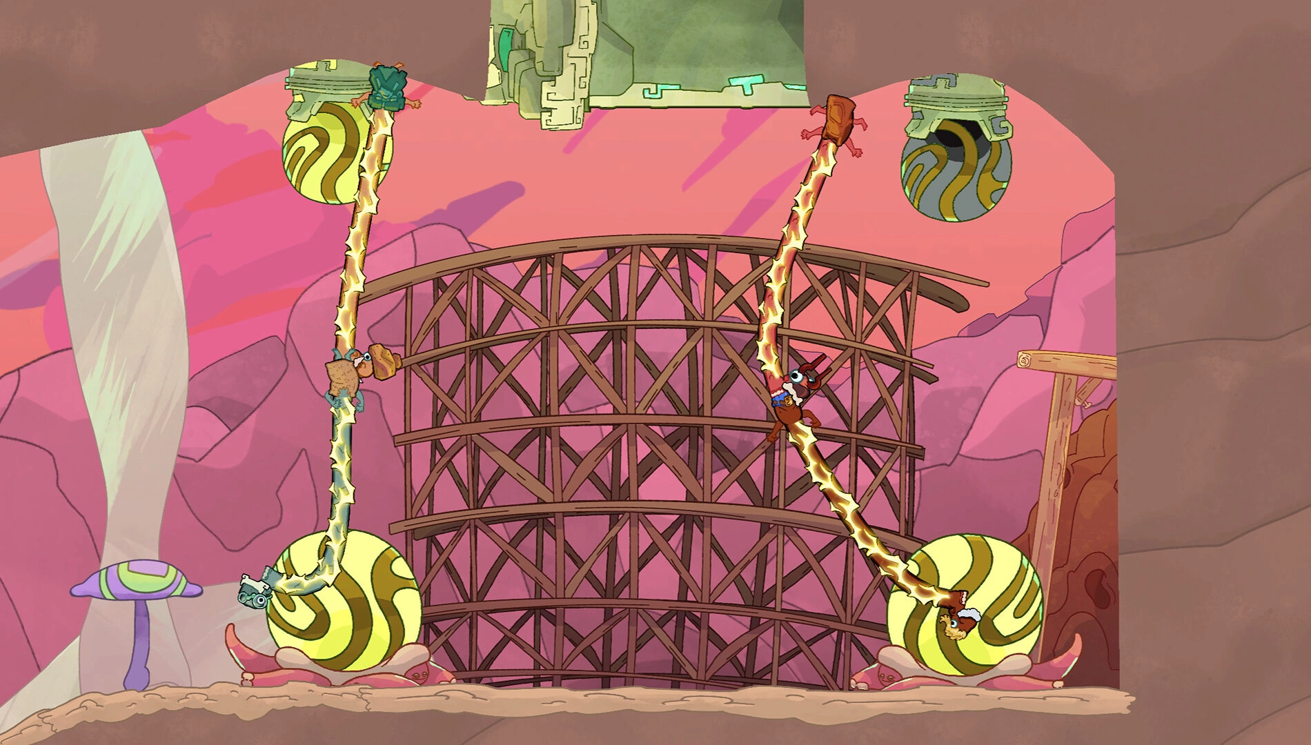 Gameplay scene from Esophaguys v1.2: The Neckening Update, showcasing vibrant visuals and dynamic character animations.