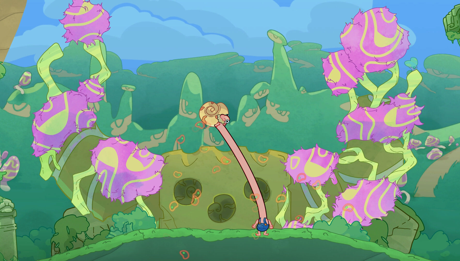 Colorful characters with elongated necks explore a whimsical world filled with vibrant flora in Esophaguys v1.2 update.