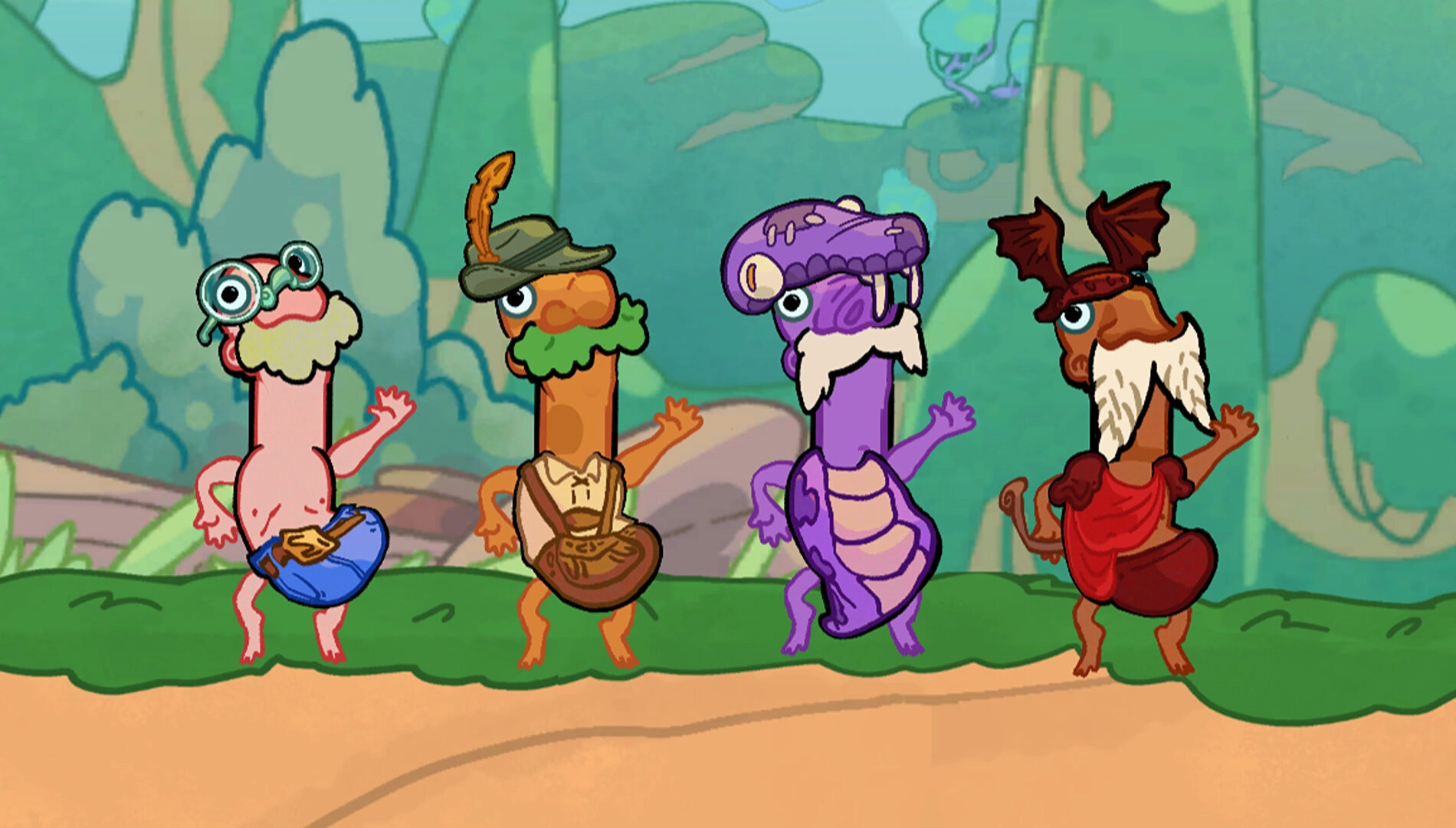 Colorful cartoon characters of varying designs celebrate the release of Esophaguys v1.2: The Neckening Update.