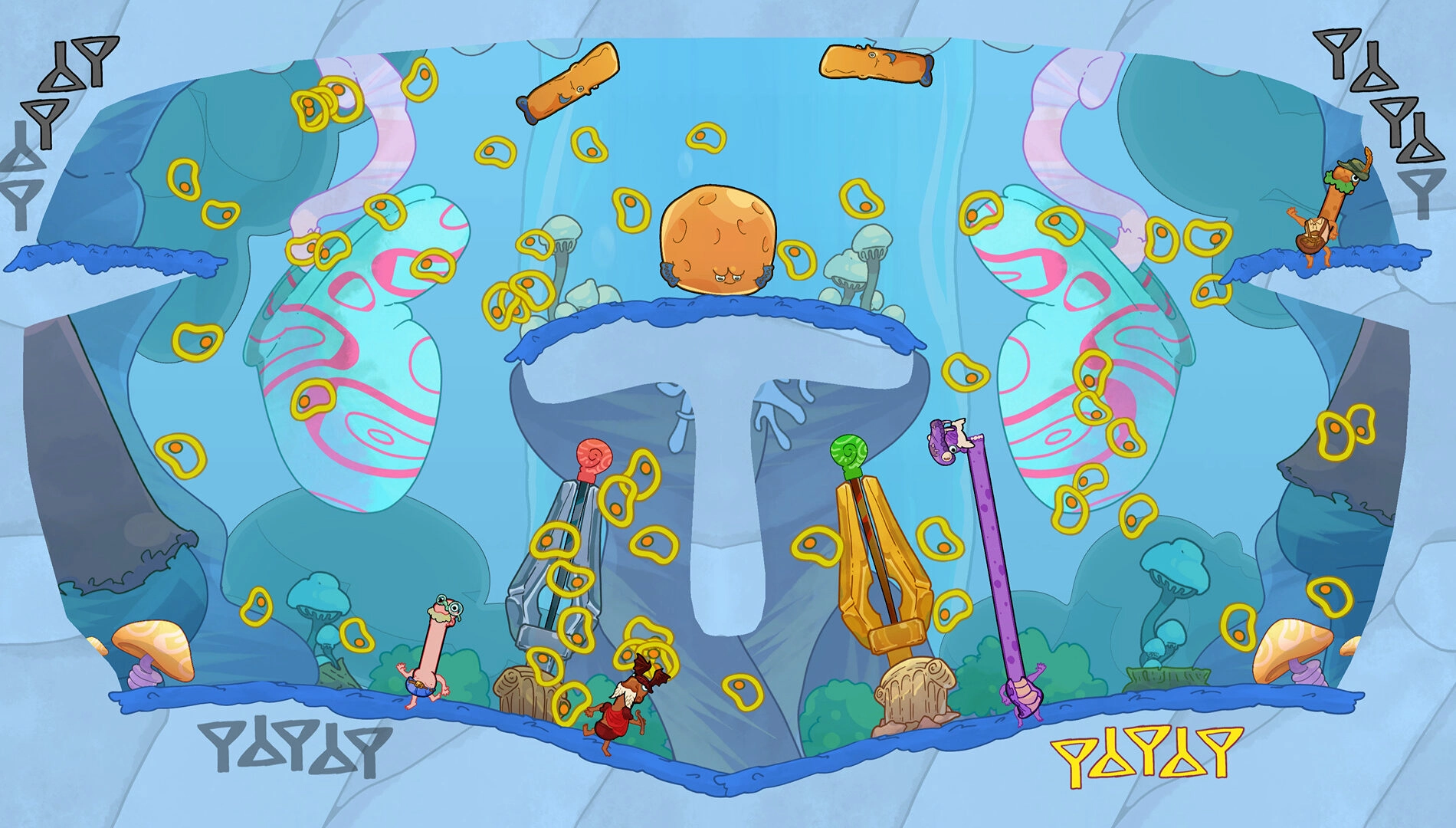 Colorful Esophaguys gameplay scene showcasing vibrant animations and new visual upgrades in The Neckening Update on Xbox.