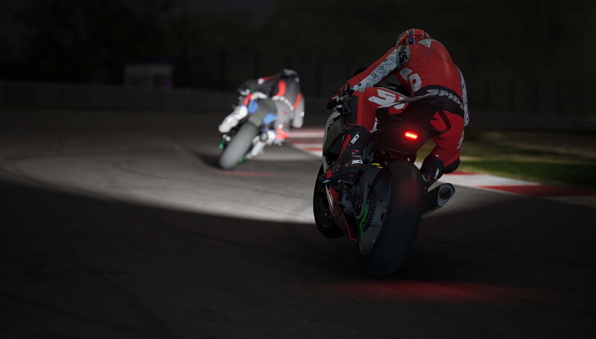 High-speed motorcycles racing on a track at night, showcasing detailed graphics from Ride 6 for Xbox Series X|S.