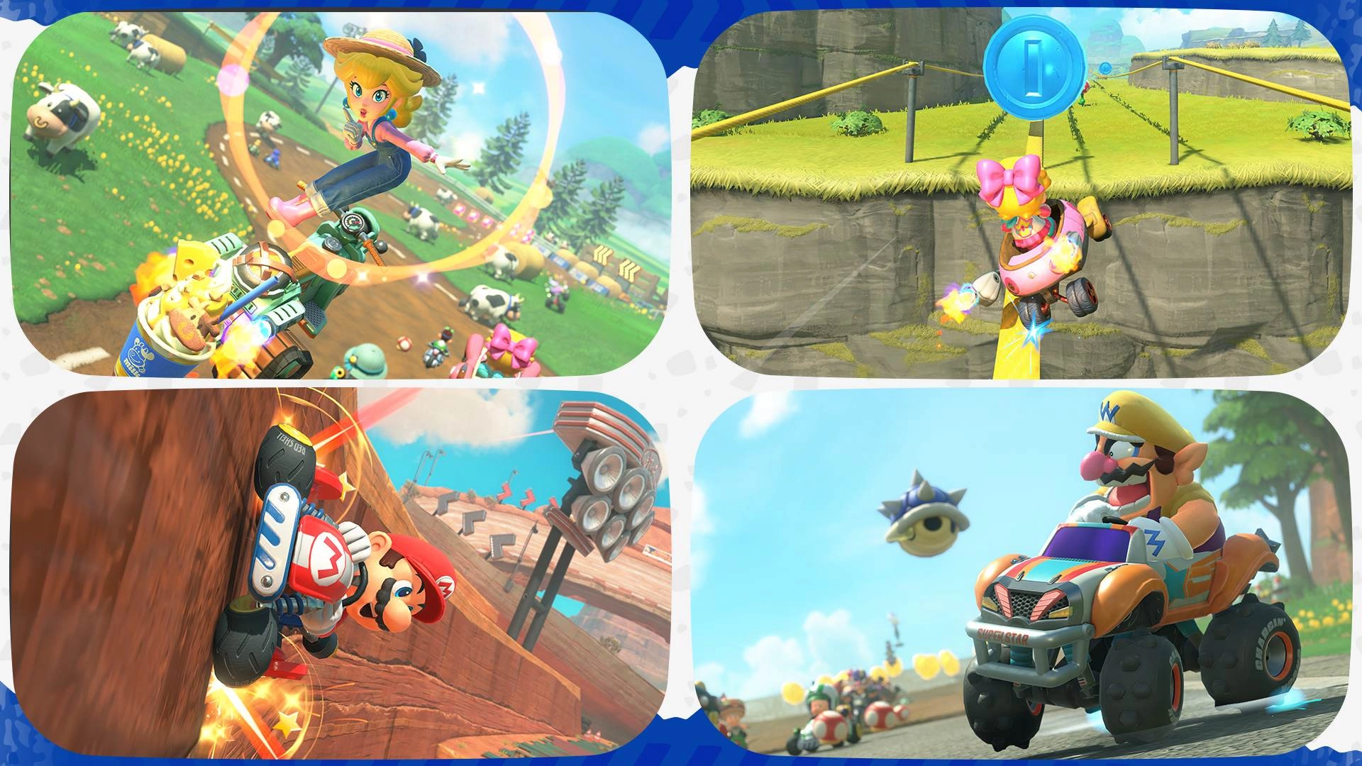 Exciting Mario Kart gameplay showcasing characters in action, highlighting drifting, jumping, and speed boosts.