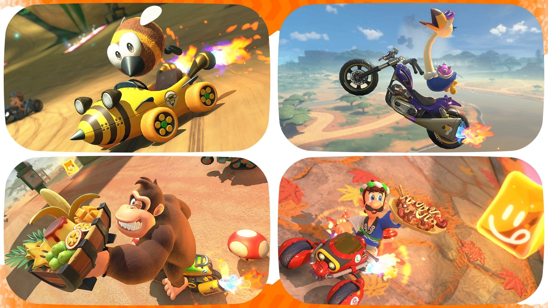 Various characters and karts racing in vibrant landscapes, showcasing Mario Kart gameplay tips for Nintendo Switch.