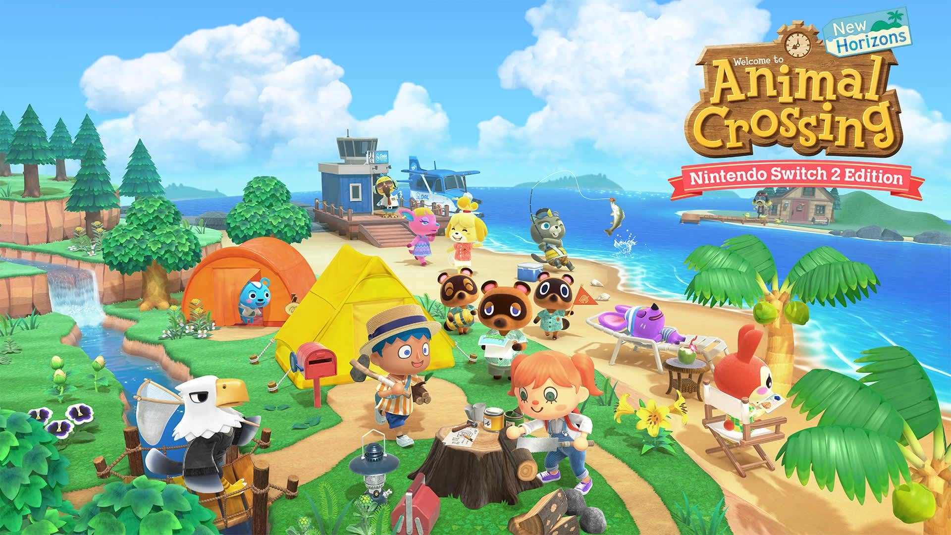Colorful scene from Animal Crossing: New Horizons showcasing characters enjoying island life and holiday festivities.