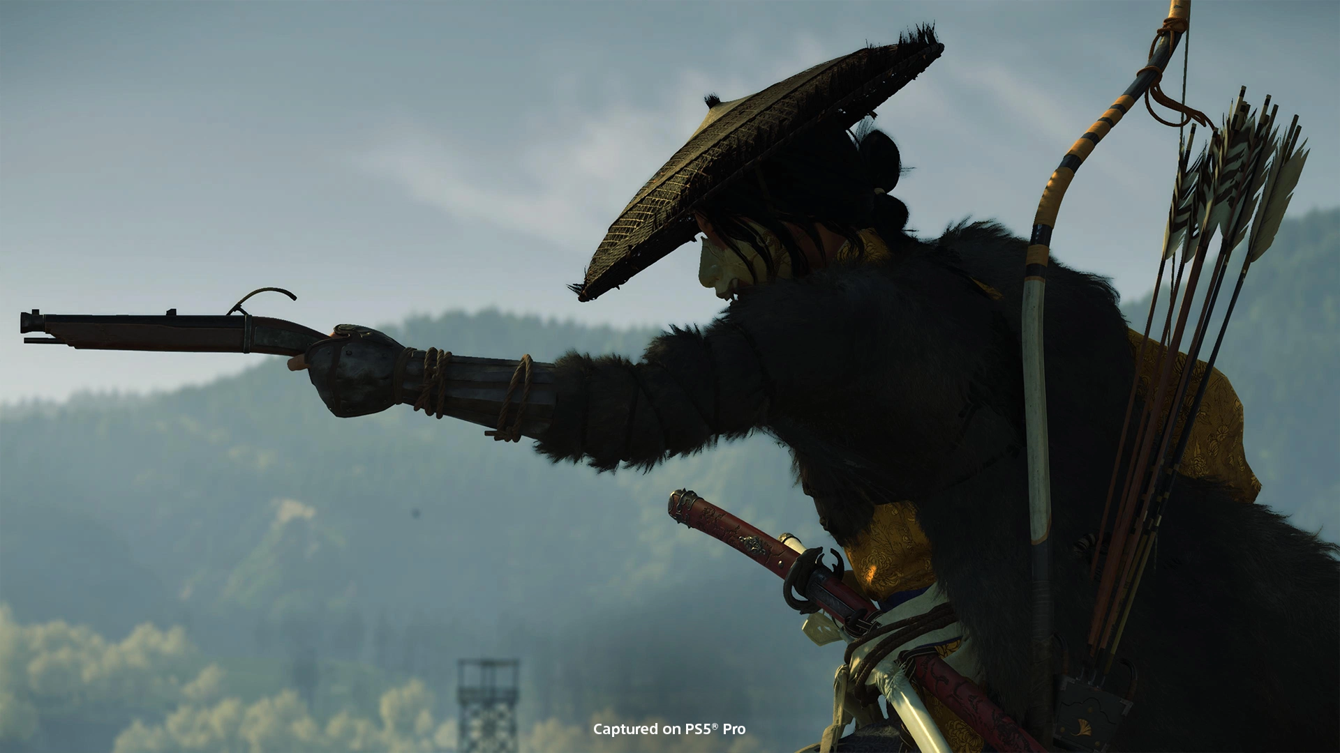 A warrior in traditional attire aiming a bow, set against the majestic backdrop of Ezo