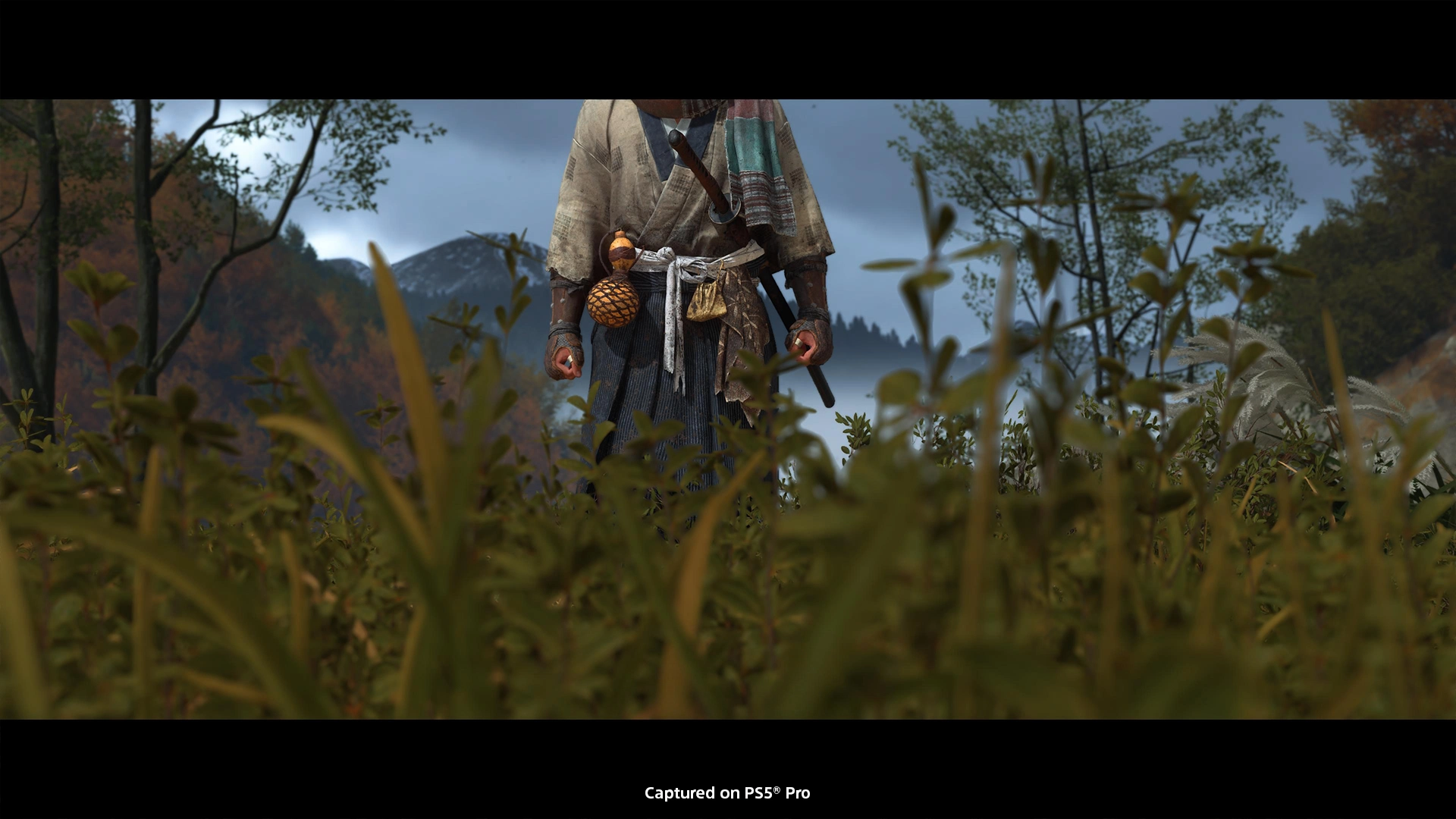 Close-up of a character in lush, atmospheric Ezo landscape, capturing the essence of adventure and discovery in Ghost of Y...