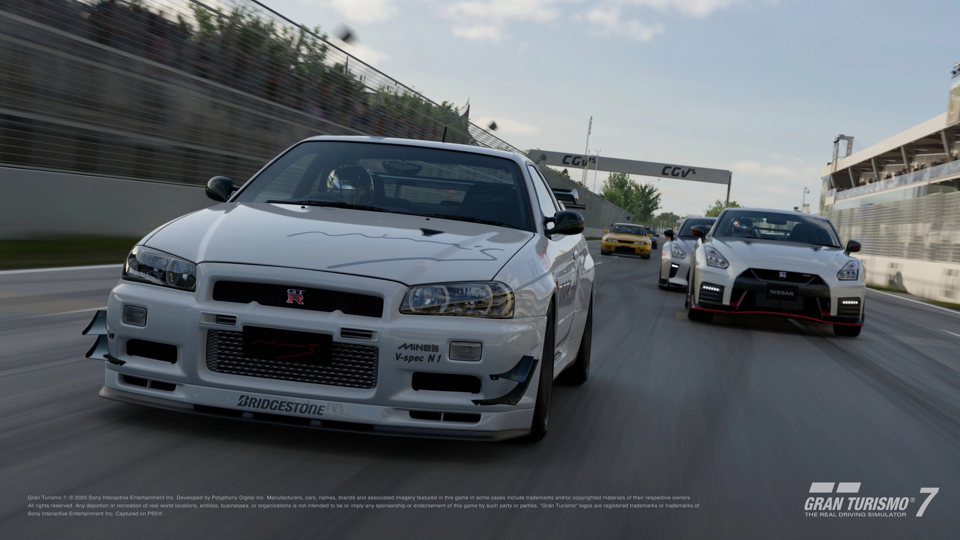 High-speed racing action in Gran Turismo 7 featuring classic and modern cars on a vibrant circuit. Experience the thrill!