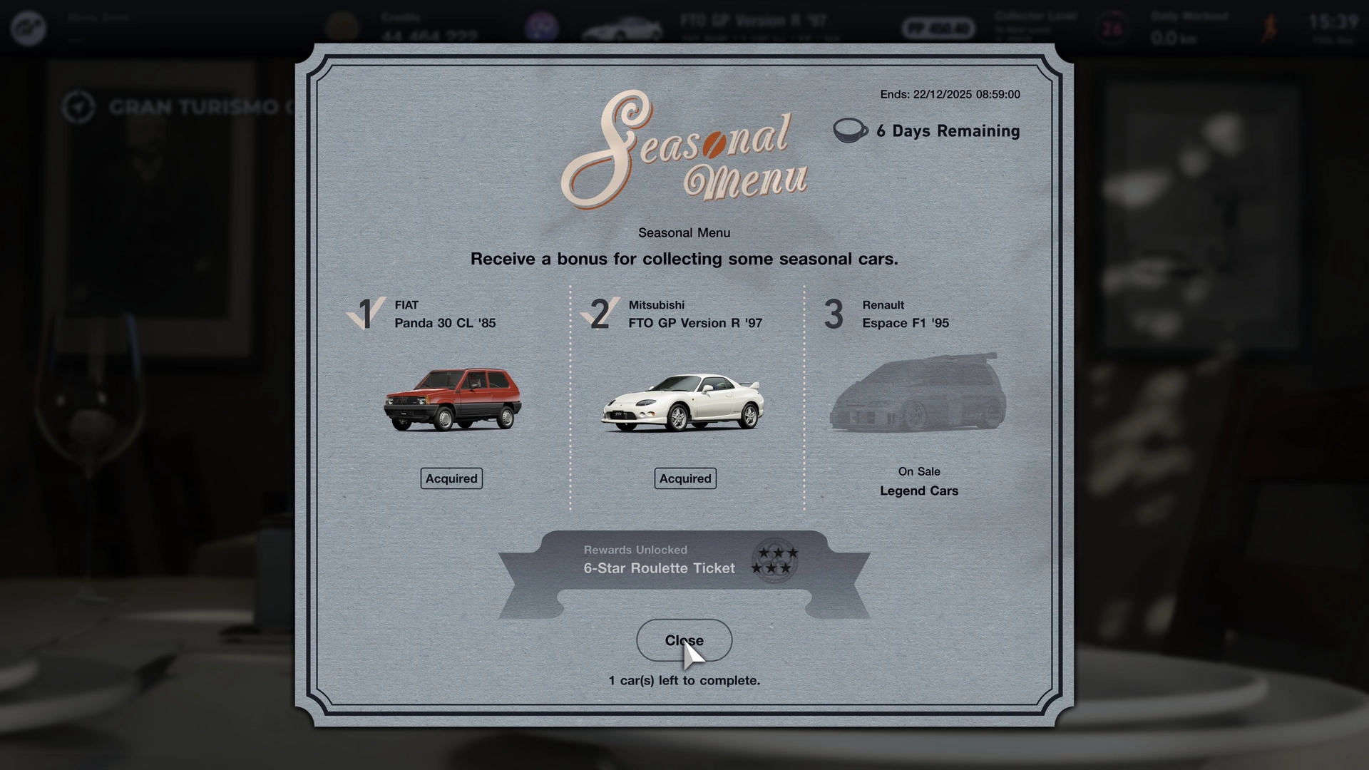 Alt text: "Gran Turismo 7 Seasonal Menu showcasing cars like FIAT Panda 30 CL ’85 and Mitsubishi FTO, emphasizing upcoming...