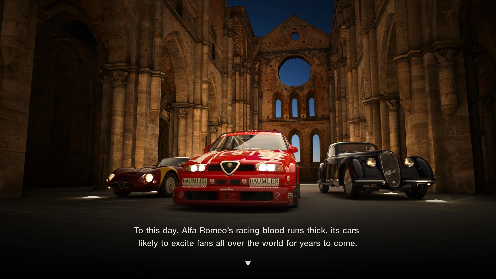 Alfa Romeo racing cars showcased in a historic setting, highlighting Gran Turismo 7's Spec III Update 1.65 excitement.