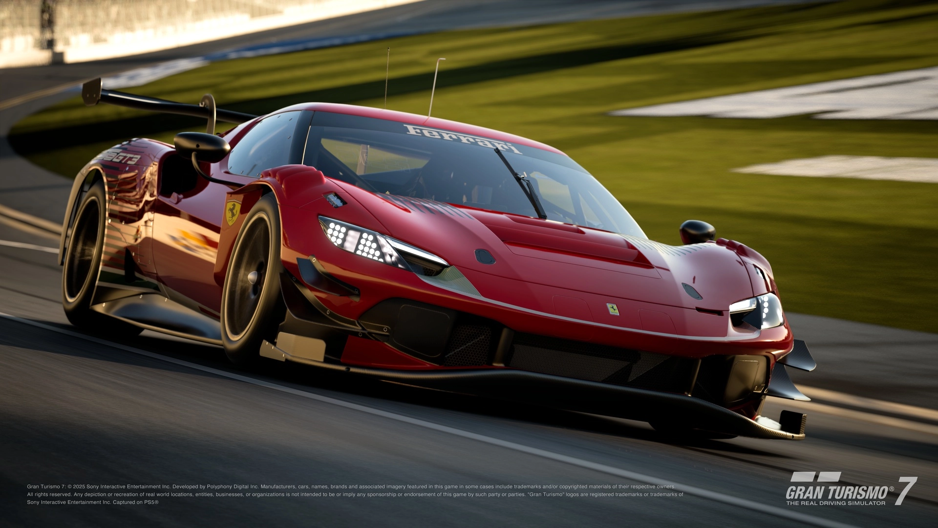 Red Ferrari 296 GT3 racing on a track, showcasing high-performance features from Gran Turismo 7 Spec III Update 1.65.