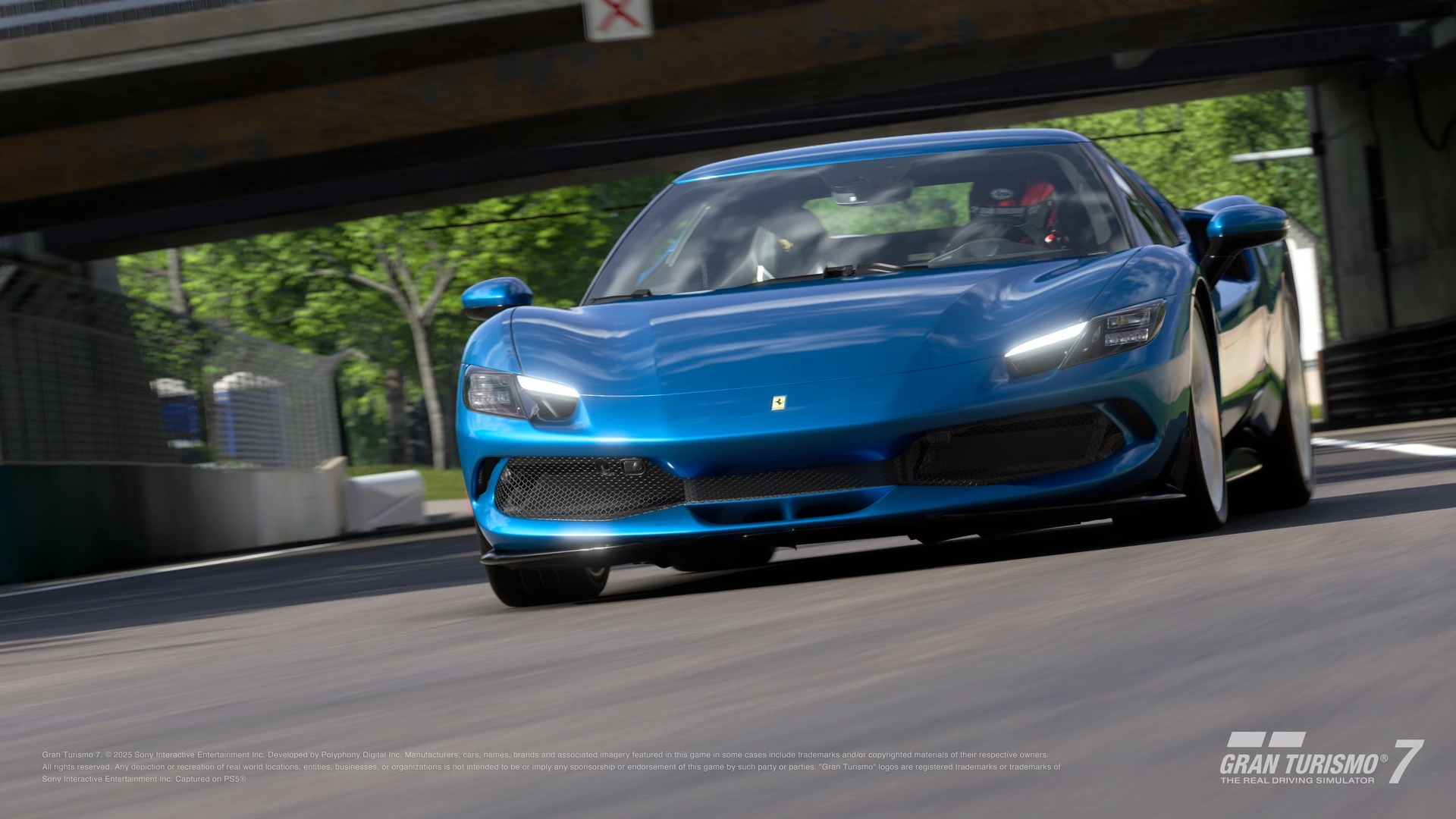 Ferrari 296 GT3 racing on a circuit in Gran Turismo 7, showcasing high-performance vehicles in the Spec III Update 1.65.