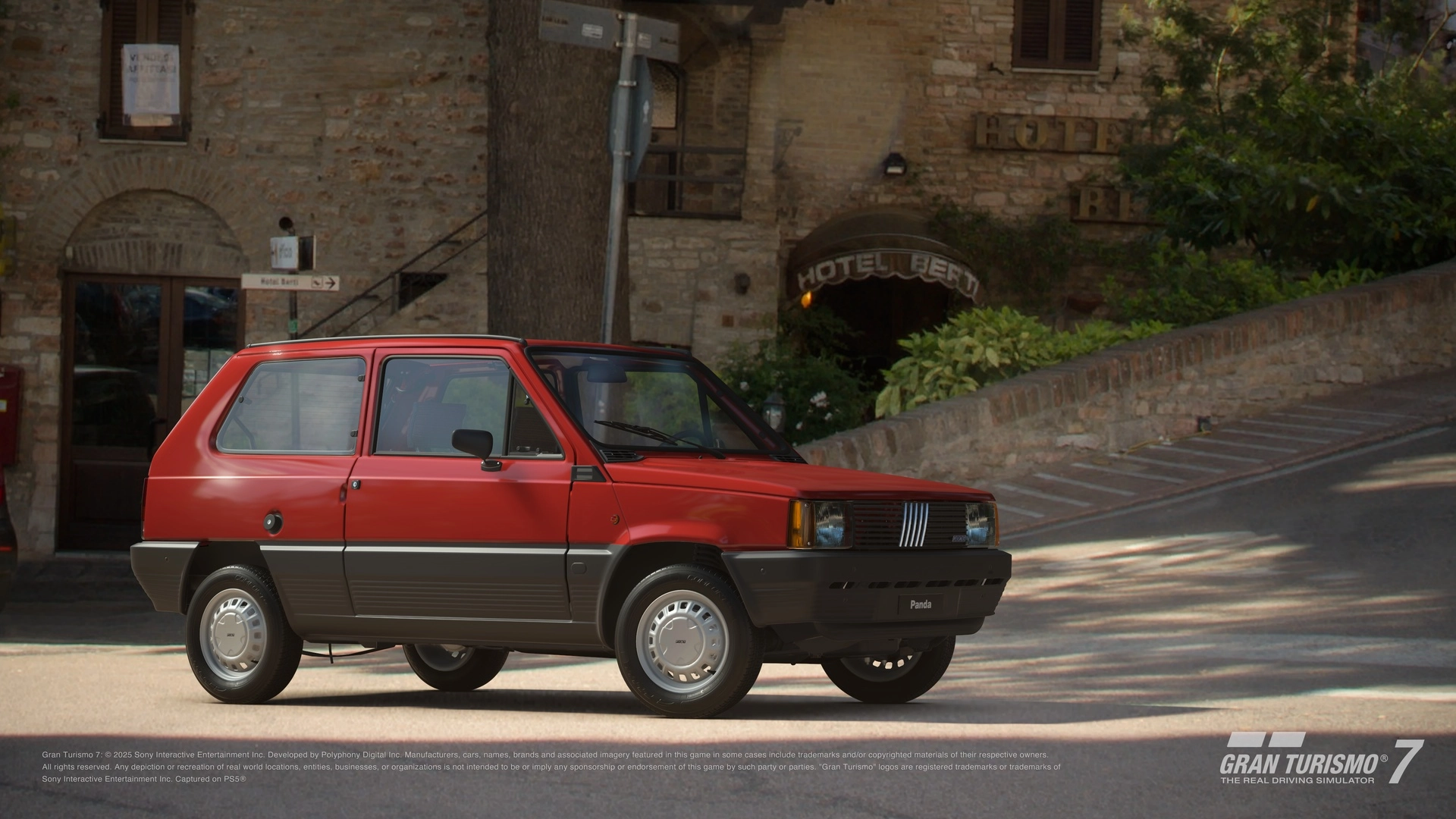Red FIAT Panda 30 CL ’85 showcased in Gran Turismo 7, blending classic style with modern racing excitement.