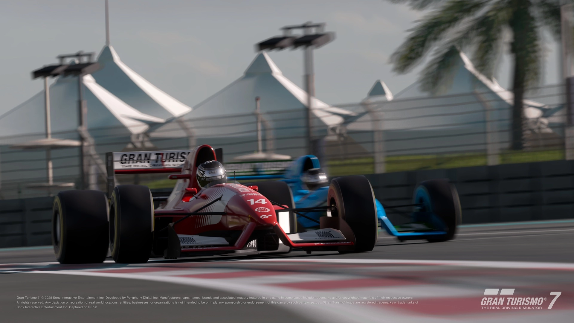 Two racing cars compete on a track in Gran Turismo 7, showcasing high-performance vehicles and dynamic racing action.