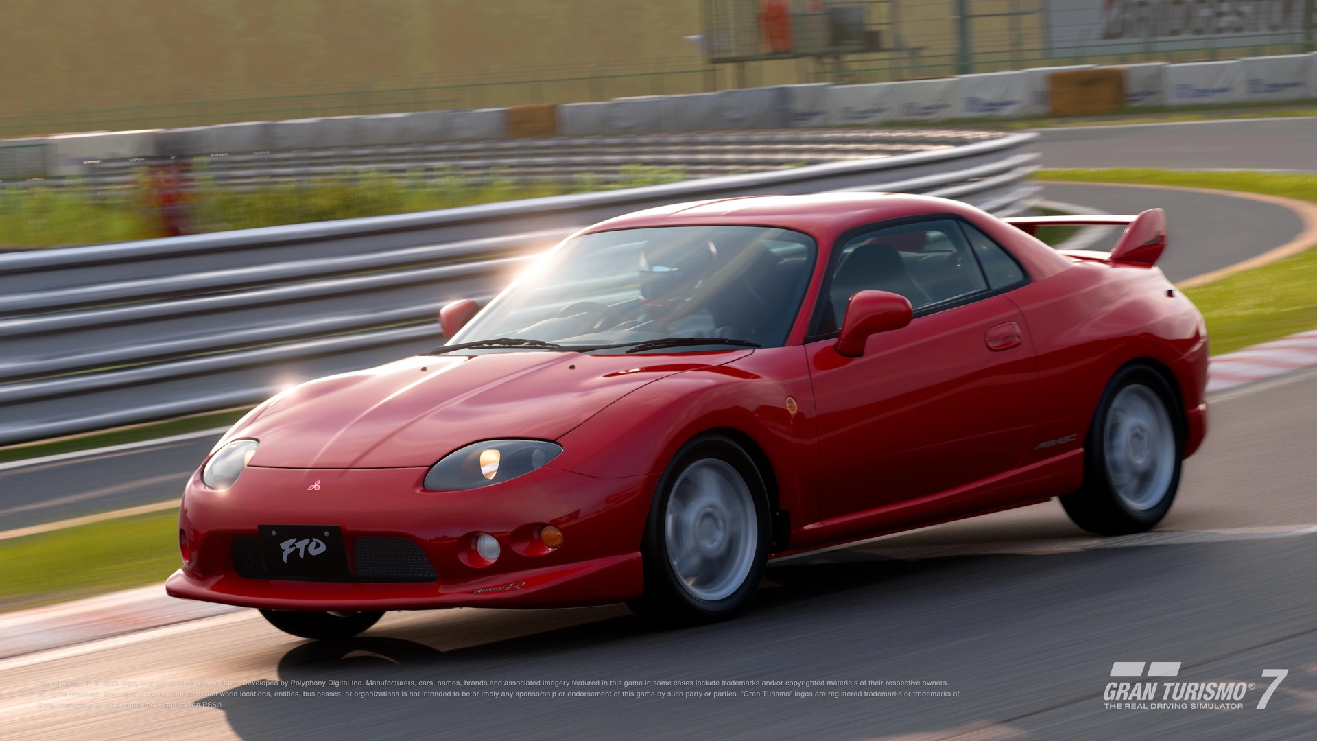 Mitsubishi FTO racing on a track in Gran Turismo 7, showcasing high-performance vehicles from the Spec III Update 1.65.