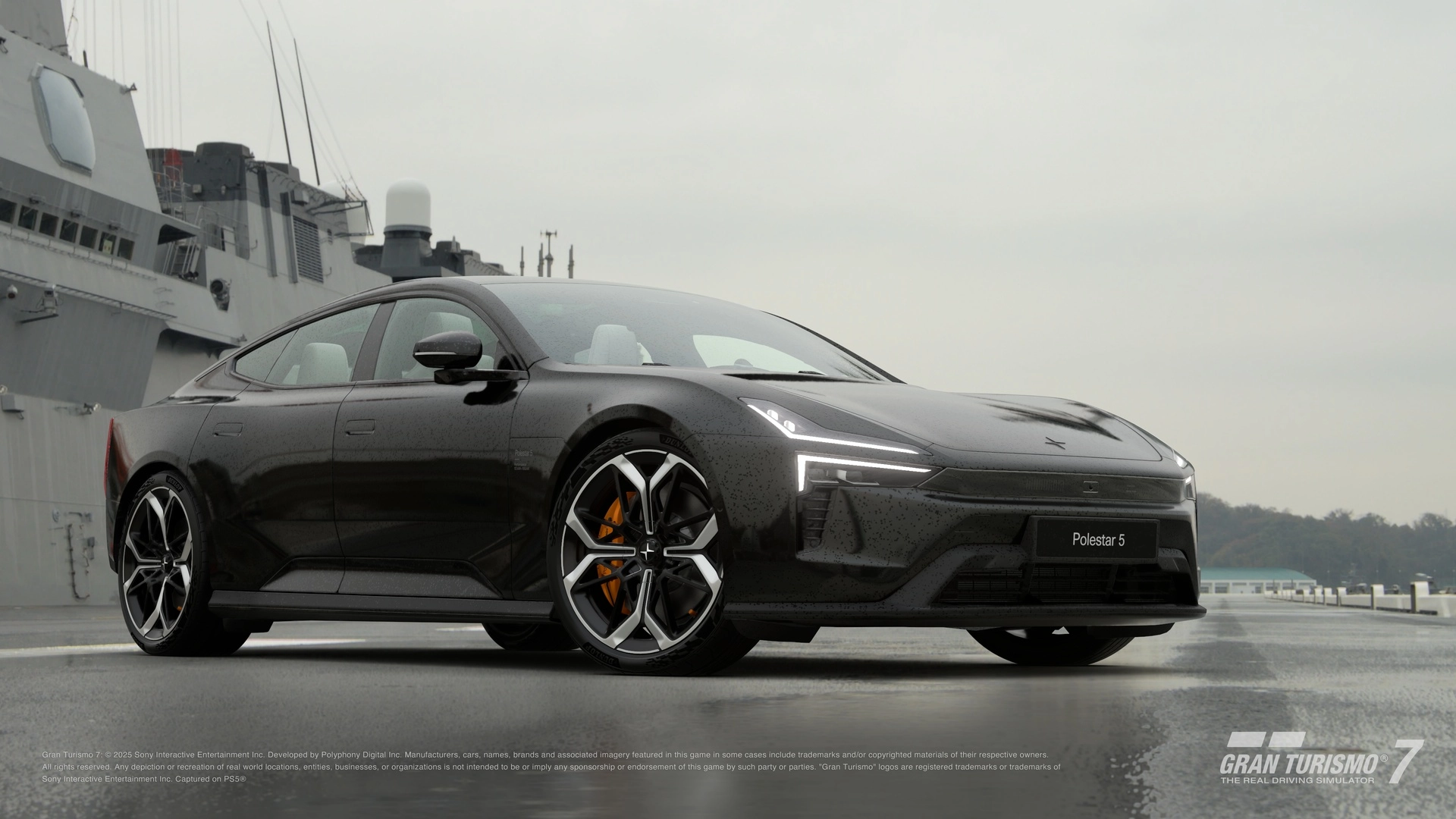 Polestar 5 luxury electric coupe showcased in Gran Turismo 7, highlighting cutting-edge technology and performance features.