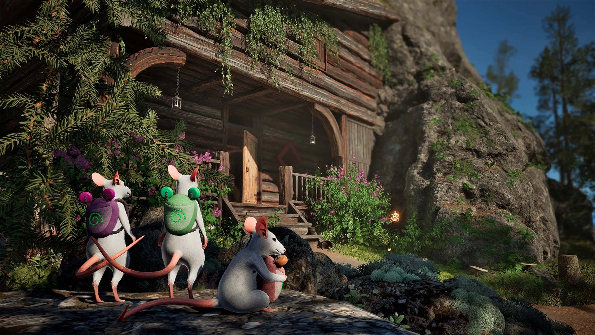 Three mice adventurers explore a cozy wooden cabin in a magical forest, inspired by northern Sweden, in Hela game world.