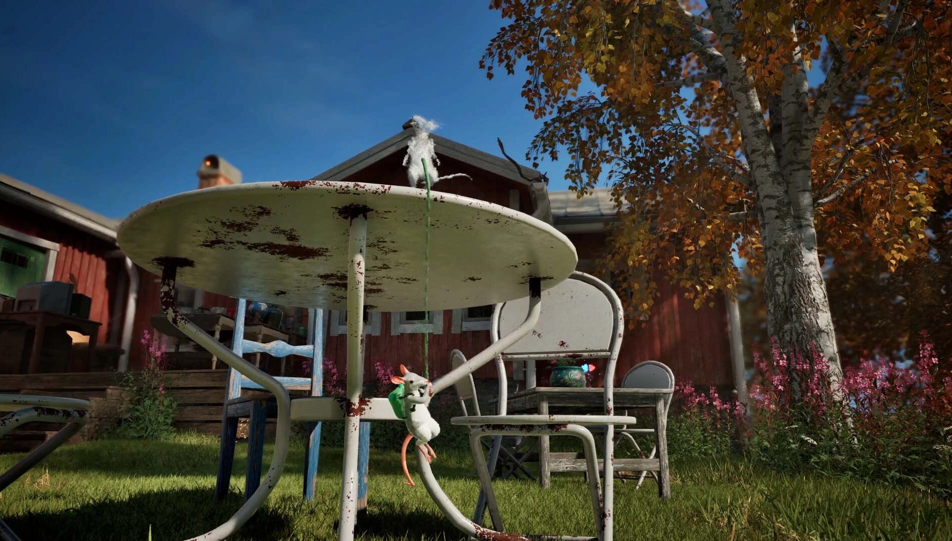 Cozy scene of a mouse exploring a magical garden with whimsical decorations, reflecting Hela