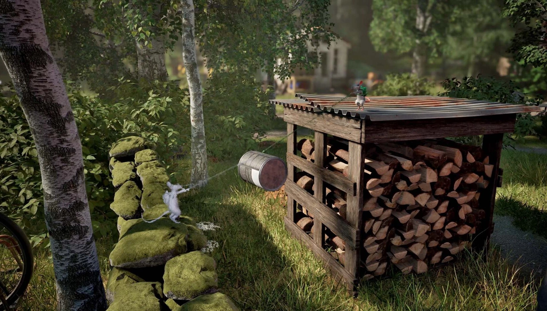 Cozy scene from Hela: a mouse solving puzzles in a magical, serene forest inspired by northern Sweden