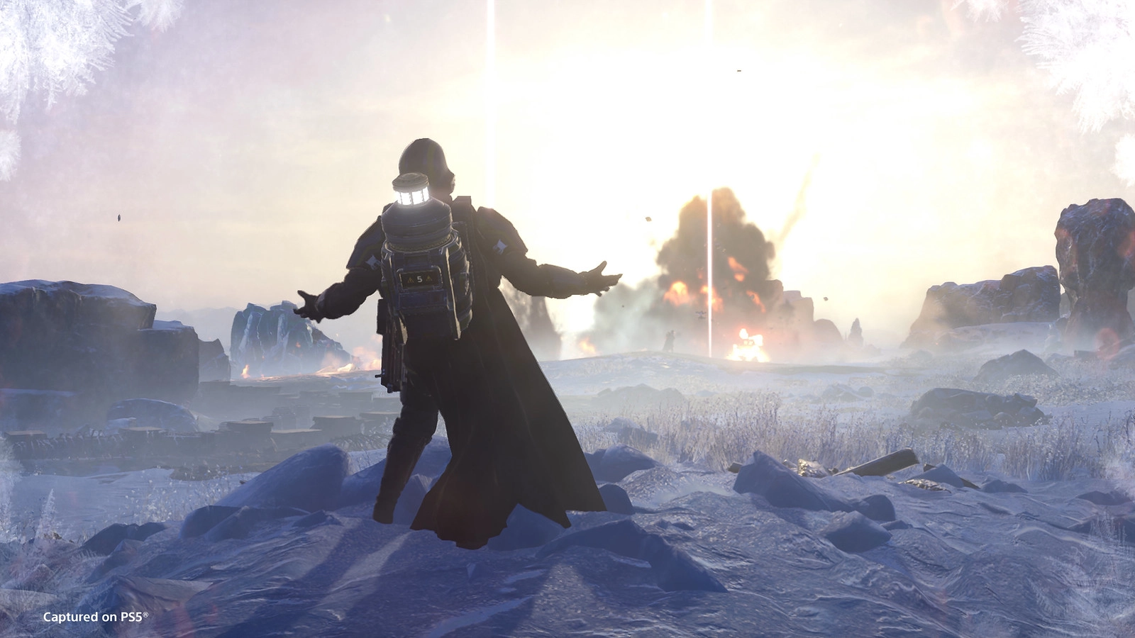 Heroic Helldiver stands in snowy landscape, arms outstretched, celebrating the Festival of Reckoning amid explosive action.