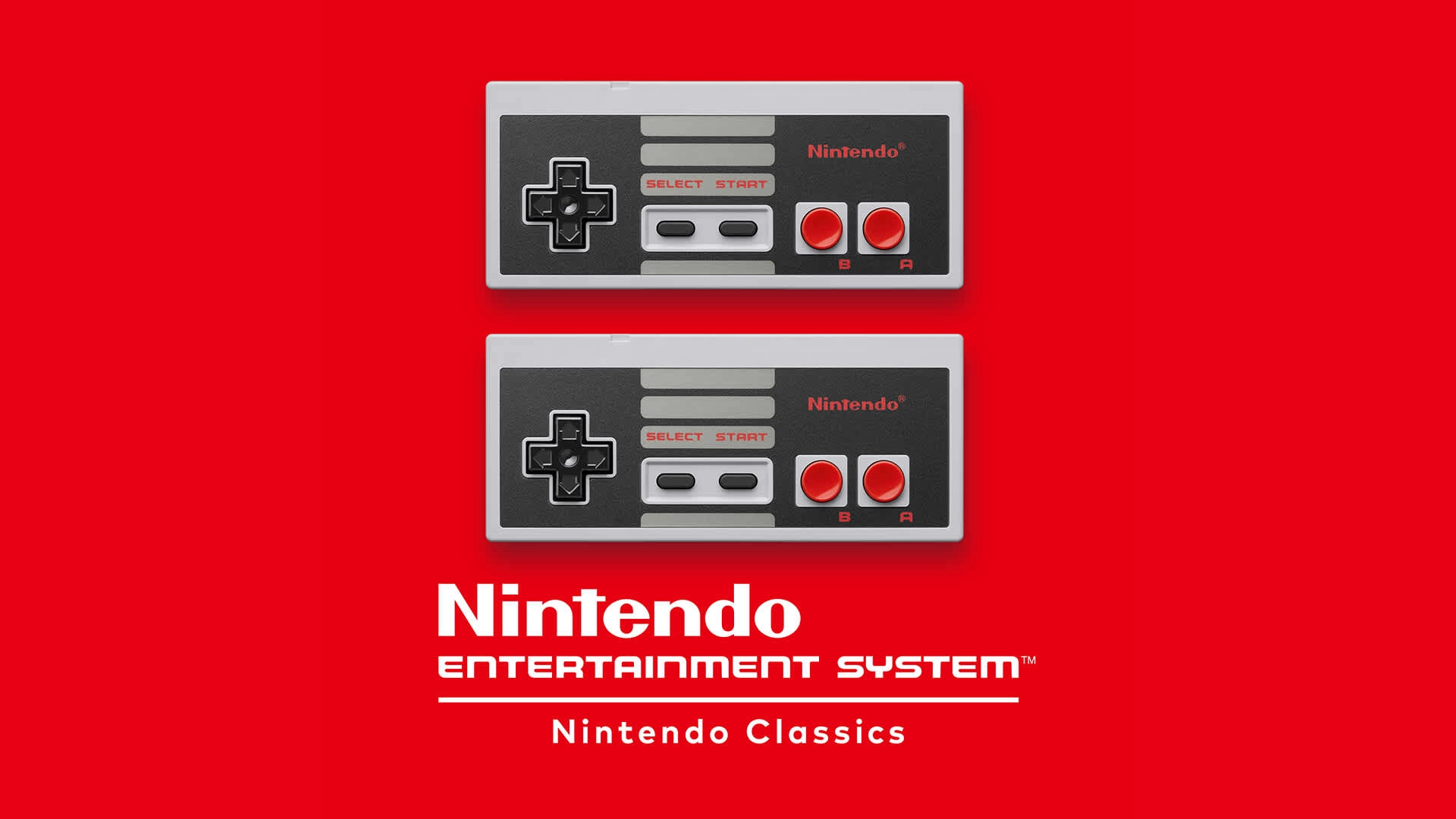 Nintendo Entertainment System controllers on a red background, highlighting the Nintendo Classics collection for Switch On...