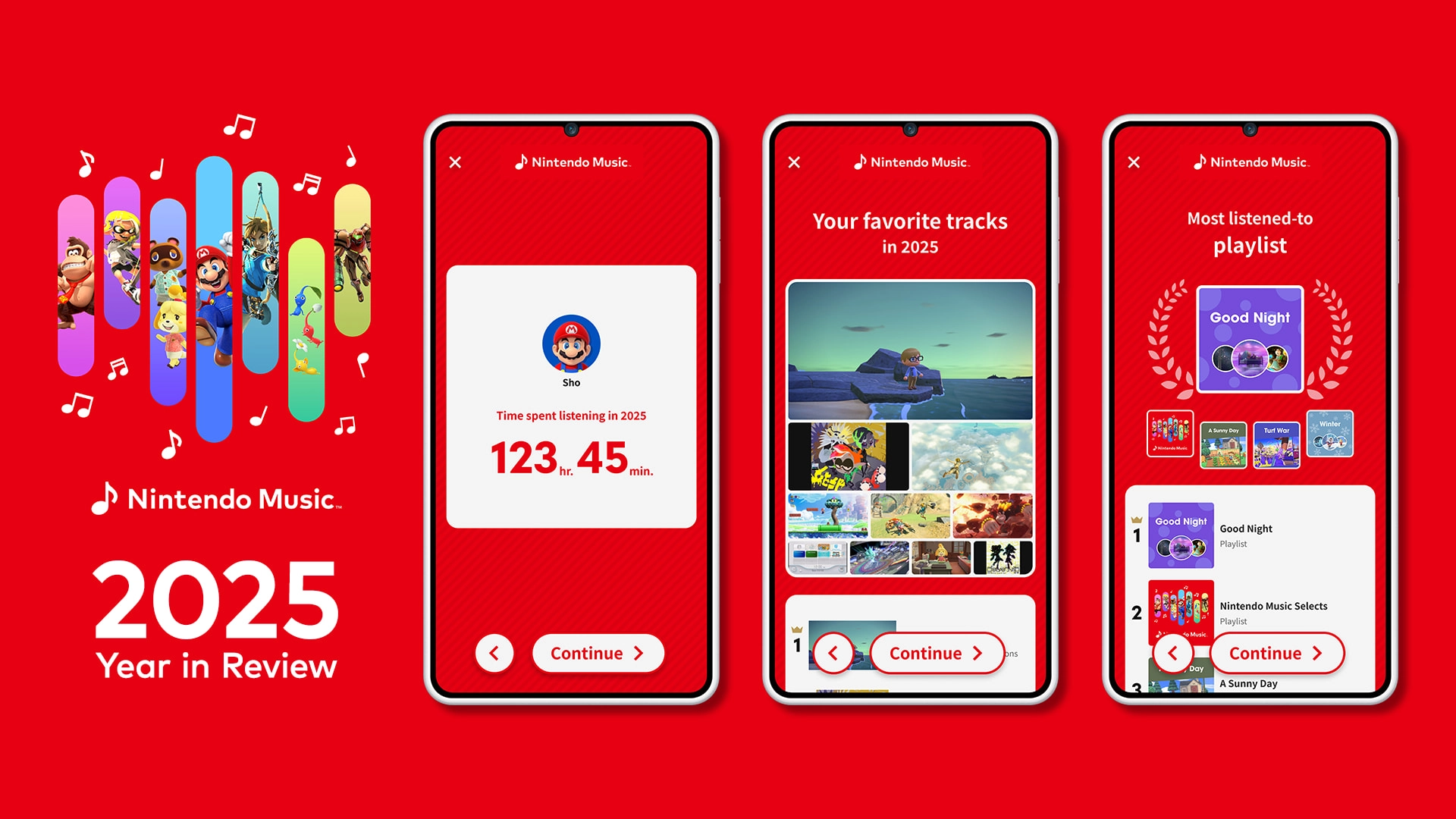 Nintendo Music 2025 Year in Review showcasing top tracks, listening time, and personalized playlists on a vibrant red back...