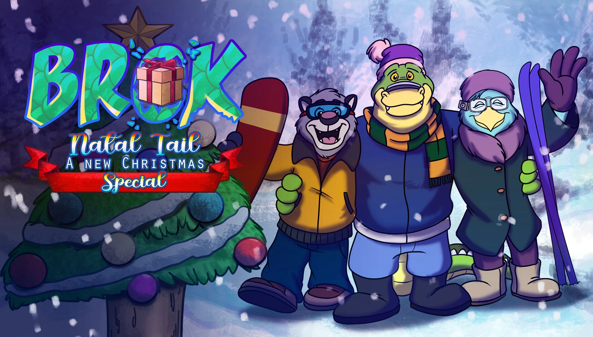Brok: Natal Tail Christmas special artwork featuring Brok and friends celebrating the holidays in a snowy landscape.
