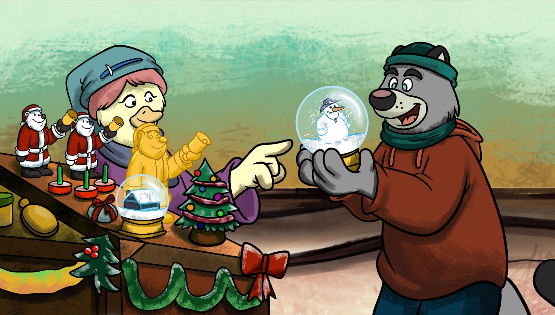 A festive scene from Brok: Natal Tail, featuring characters interacting with Christmas decorations and snow globes.