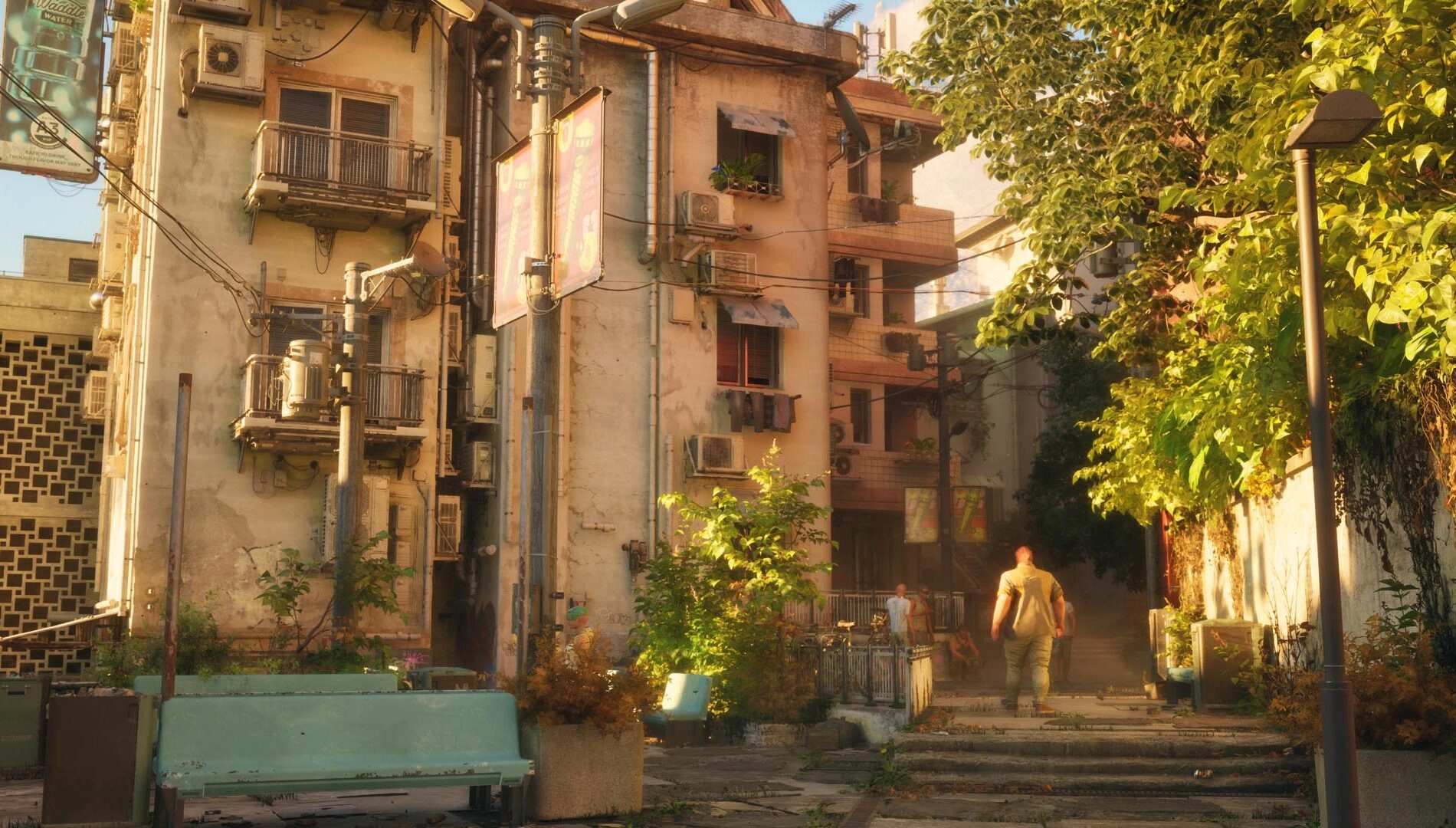 Cyberpunk cityscape in No Law, showcasing dense urban architecture and vibrant foliage, setting the stage for FPS gameplay.