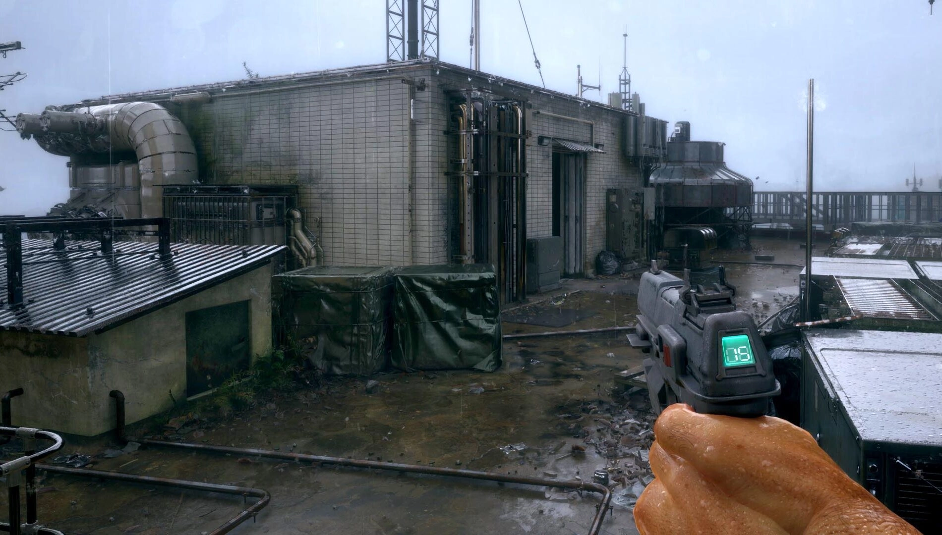 First-person shooter gameplay scene from No Law, showcasing a cyberpunk city environment and a detailed weapon.