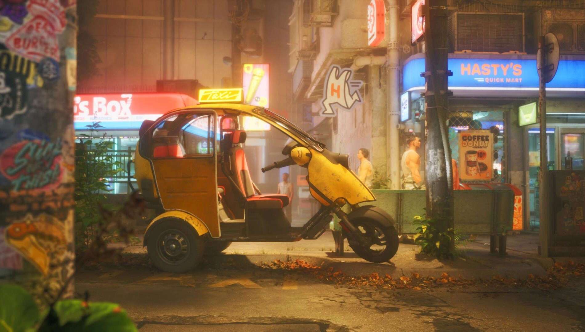A vibrant cyberpunk scene featuring a yellow tricycle amidst neon signs in Port Desire, capturing a rich urban environment.